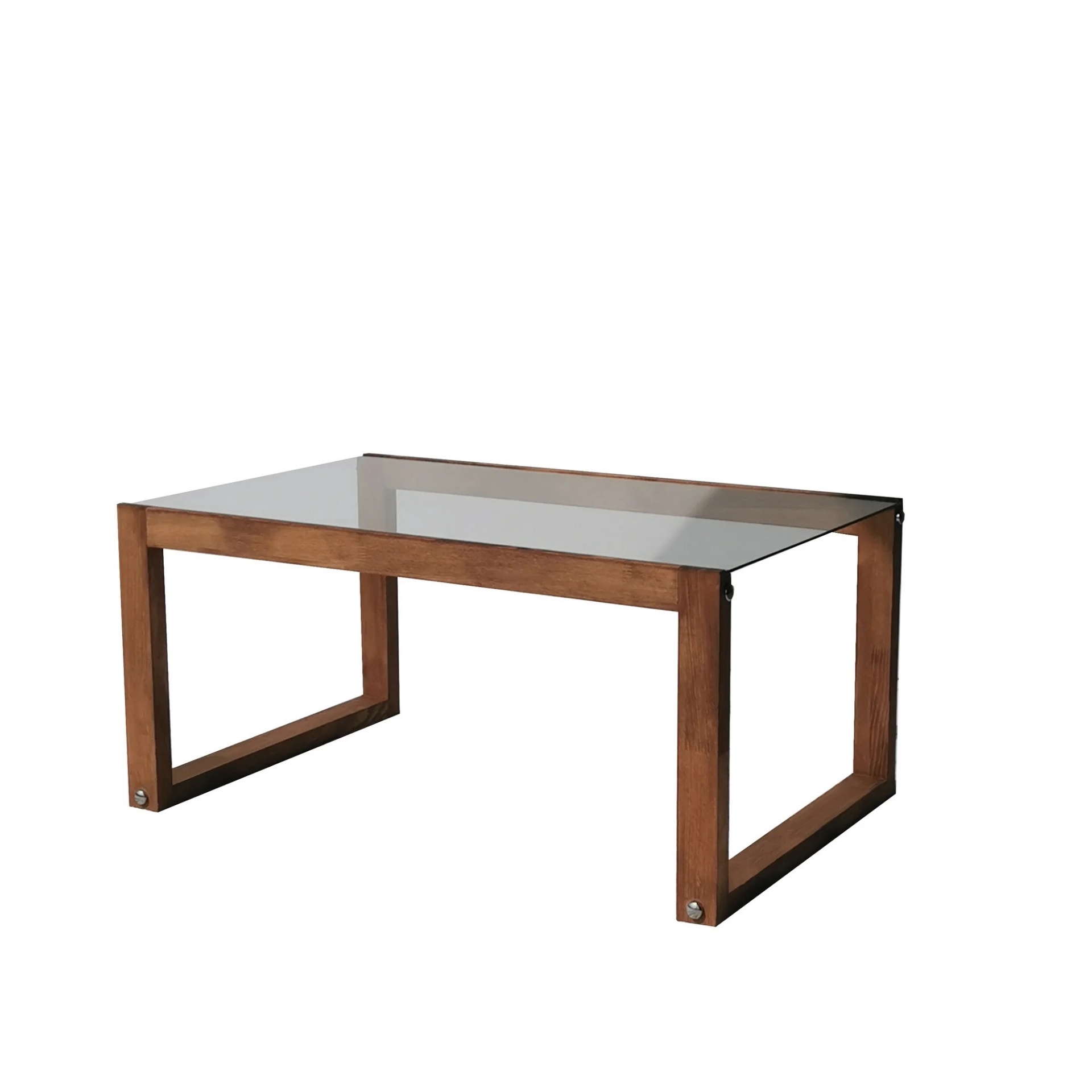 Mesa de centro com base em madeira e tampo de vidro