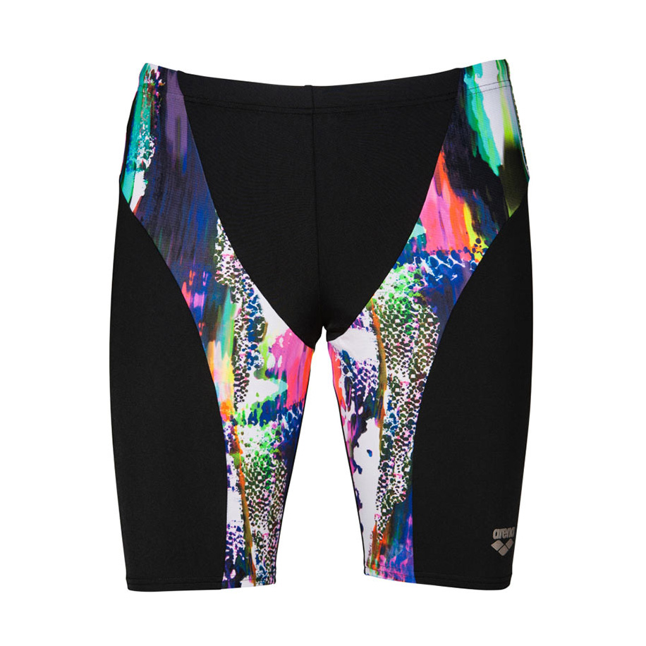 Calções de banho pretos com padrões coloridos abstratos nas laterais e logo arena cinzento