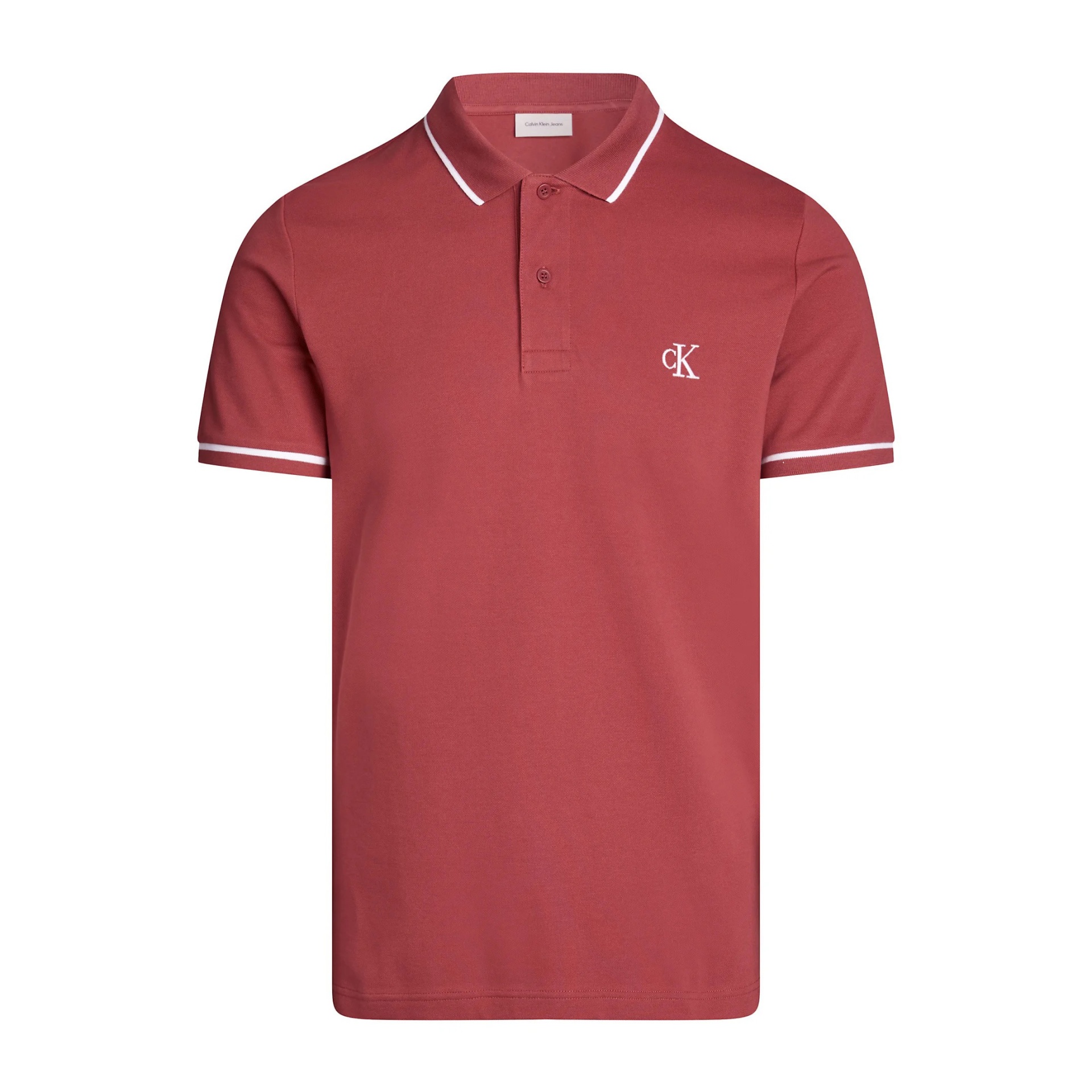 Polo masculino vermelho com gola e mangas com risca branca e logotipo cK bordado.