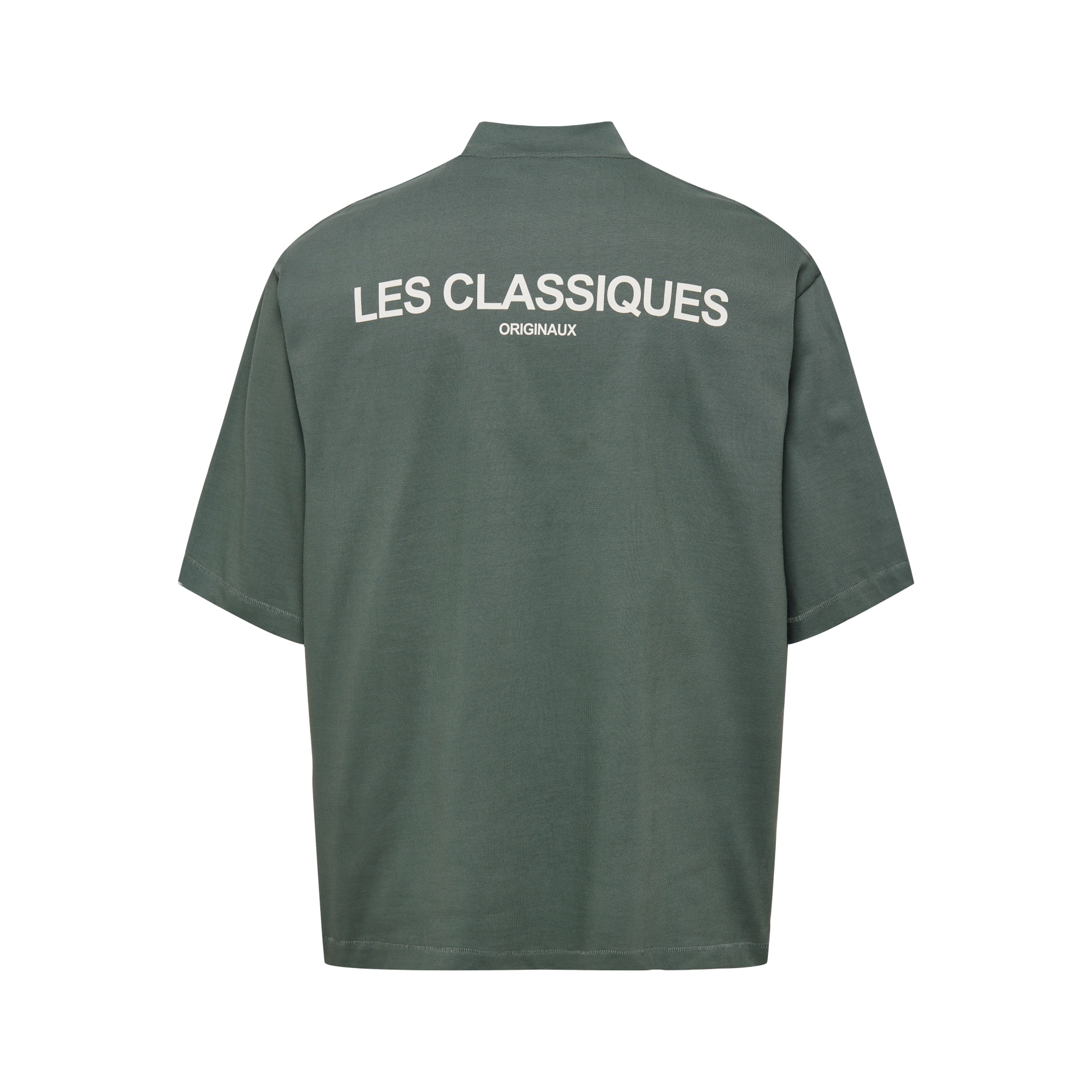 T-shirt verde caqui de manga curta vista de costas com texto branco