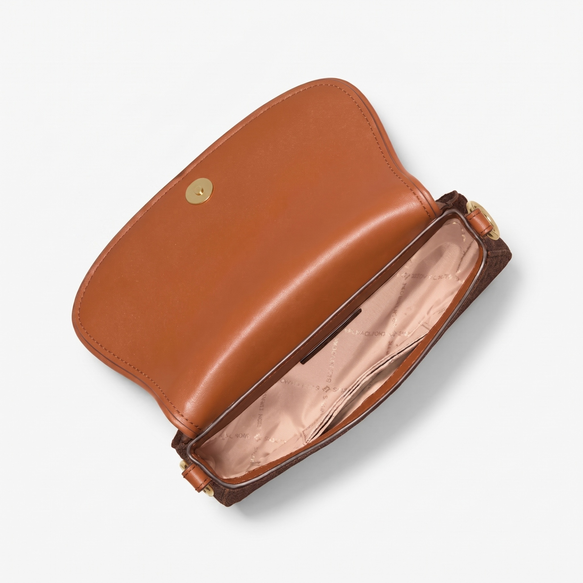 Carteira ou bolsa pequena em pele castanha aberta a mostrar interior forrado.