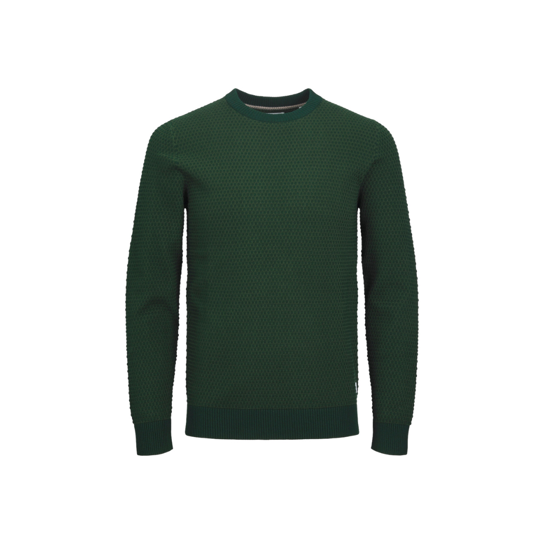Camisola de malha verde escuro com padrão texturizado.