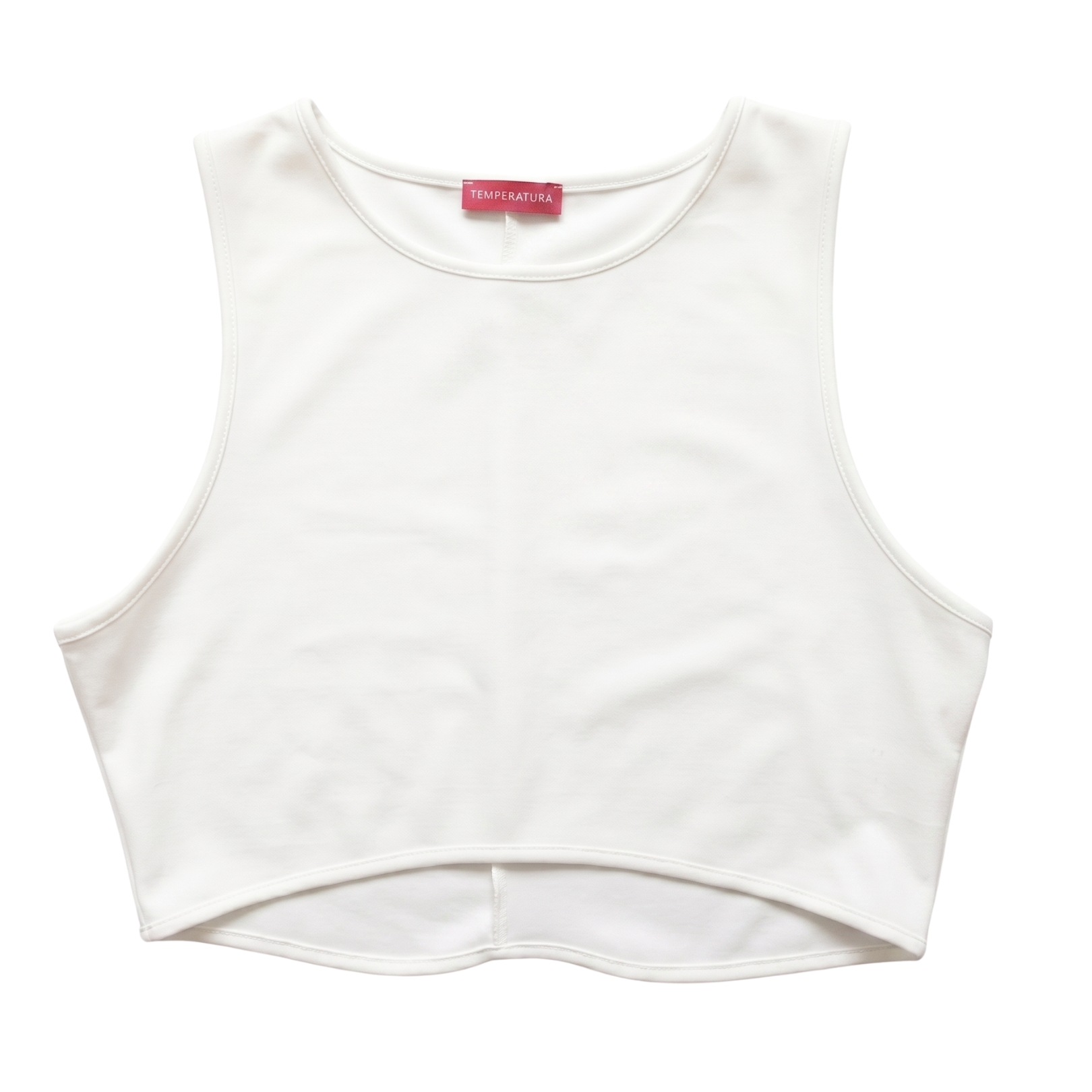 Top branco tipo crop com etiqueta vermelha TEMPERATURA