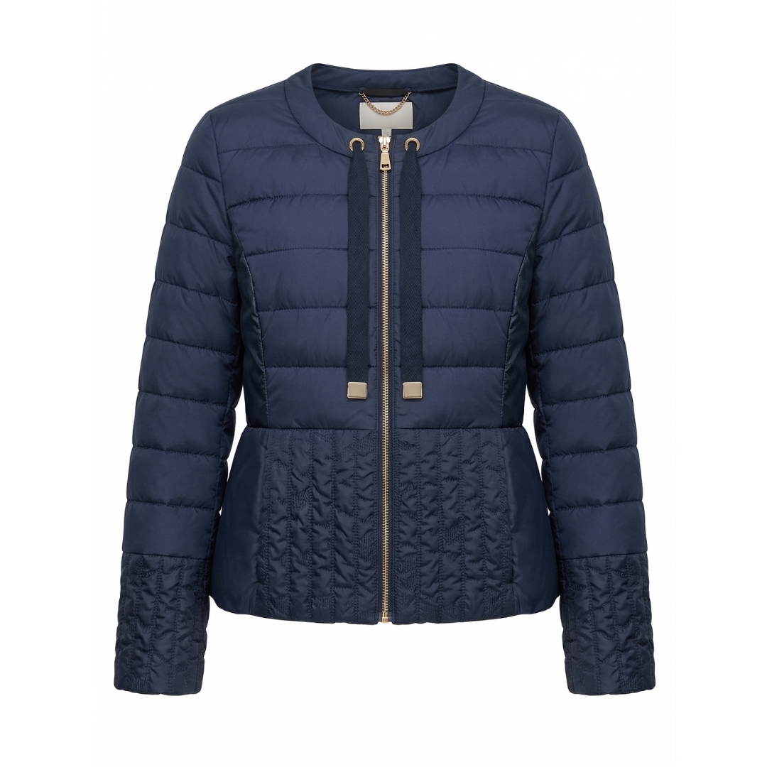 Casaco azul marinho acolchoado com zip e fitas decorativas