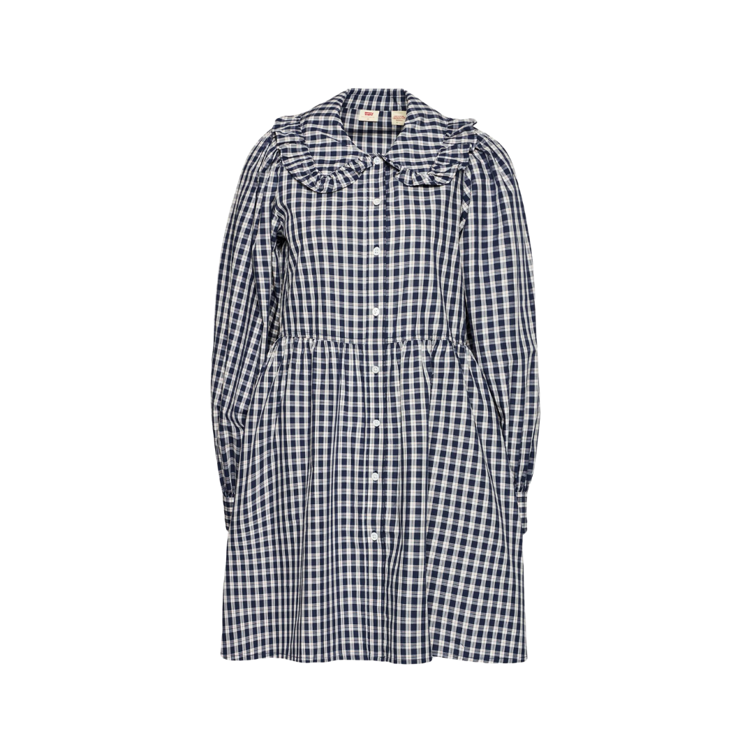 Vestido xadrez azul e branco com botões e gola folhada