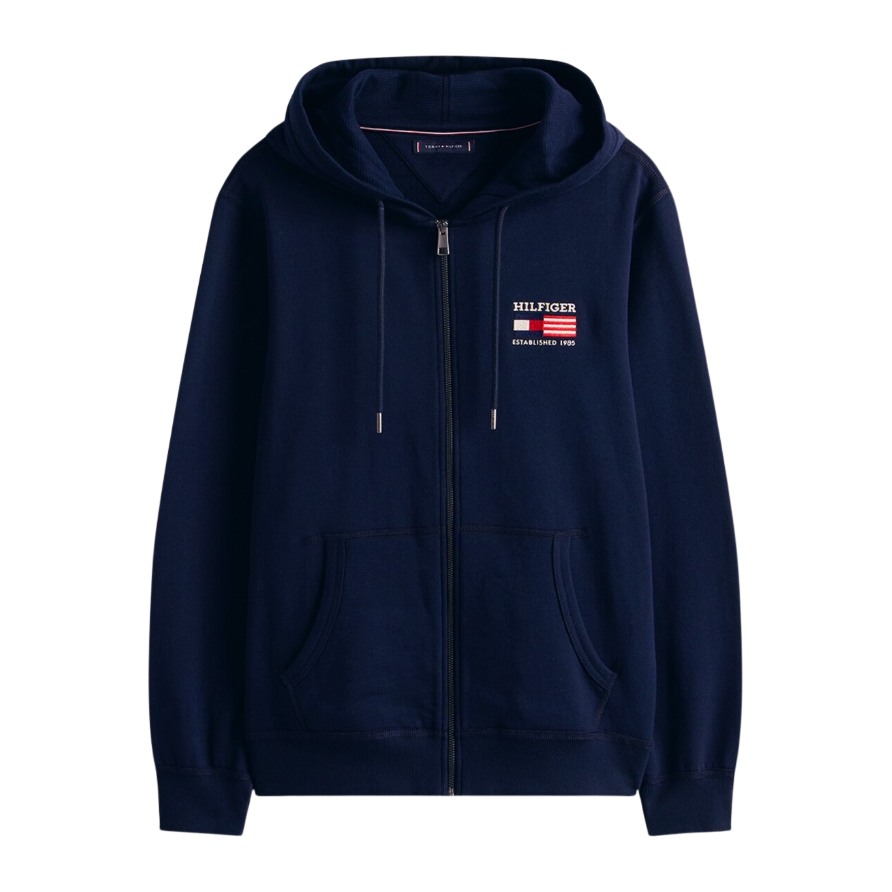 Casaco azul escuro com capuz e fecho de correr