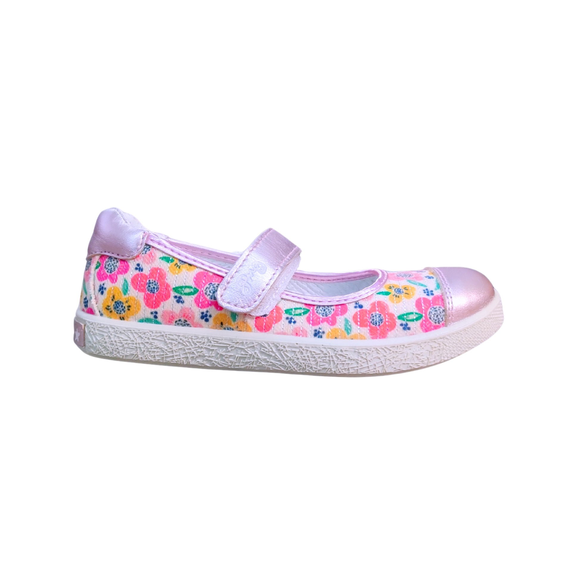 Sapatilha infantil floral com tira de velcro lilás e biqueira rosa