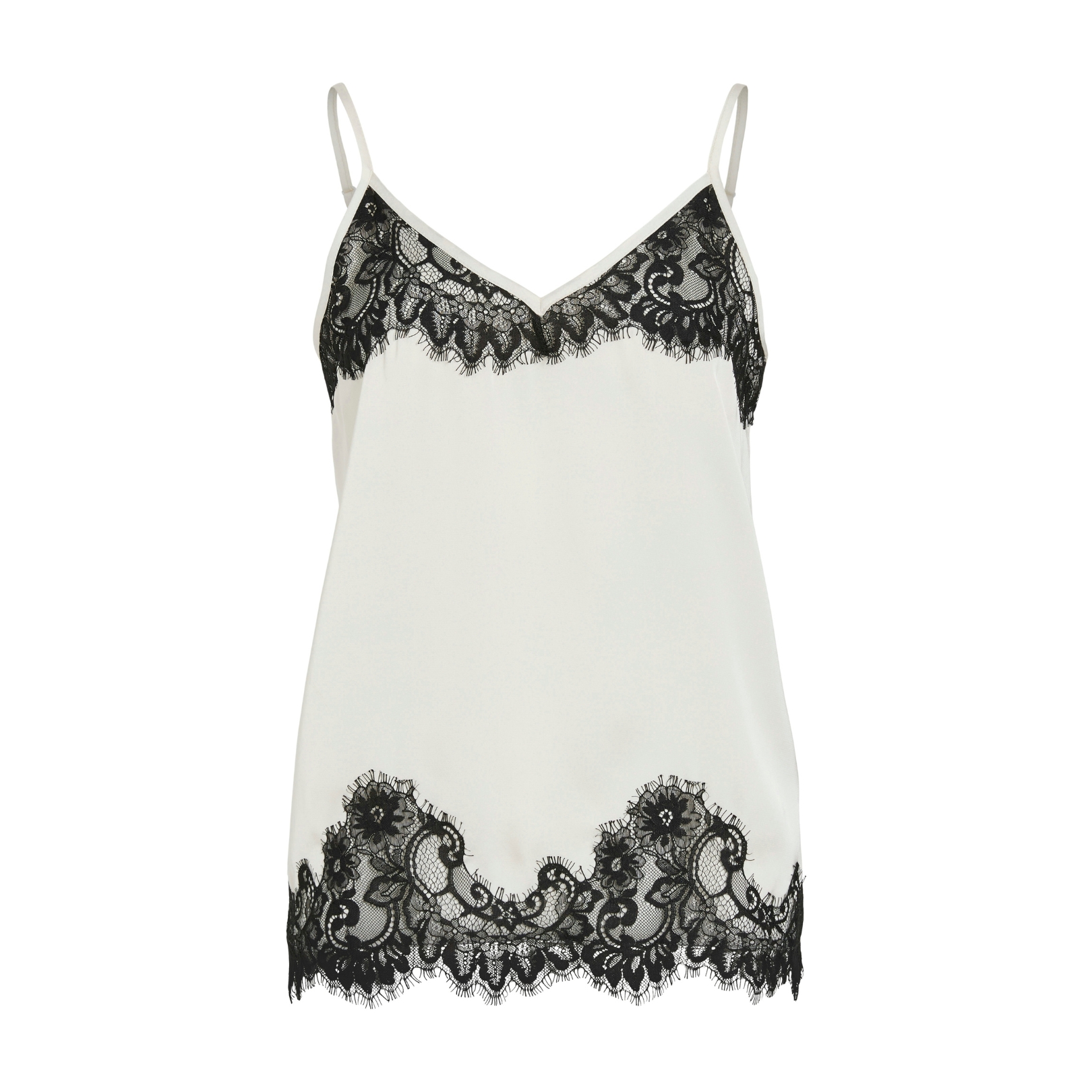 Top branco com alças finas e detalhes em renda preta floral