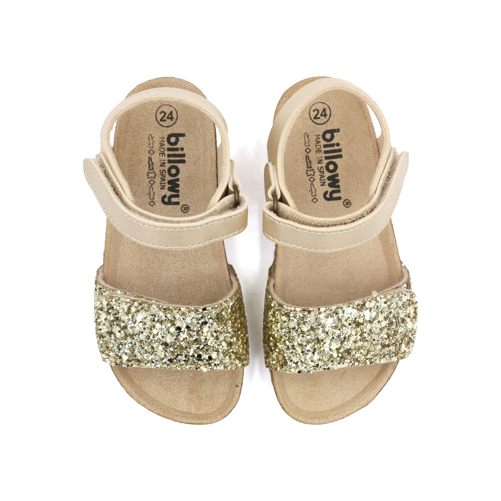 Sandálias de criança bege com glitter dourado e tira ajustável
