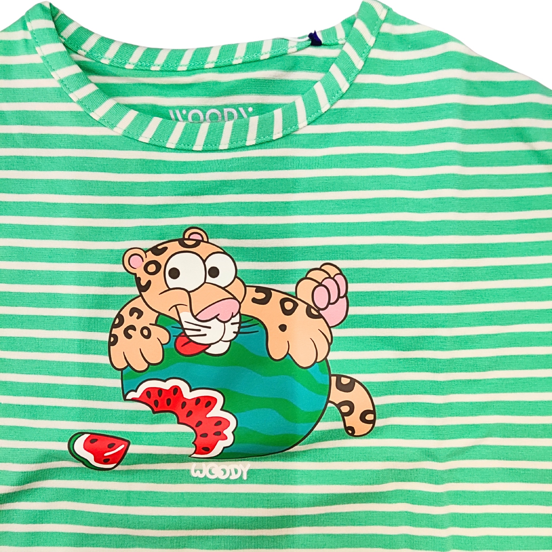 T-shirt verde às riscas com estampa de leopardo e melancia