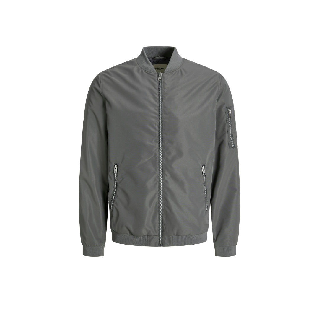 Casaco bomber cinzento com fecho e bolsos