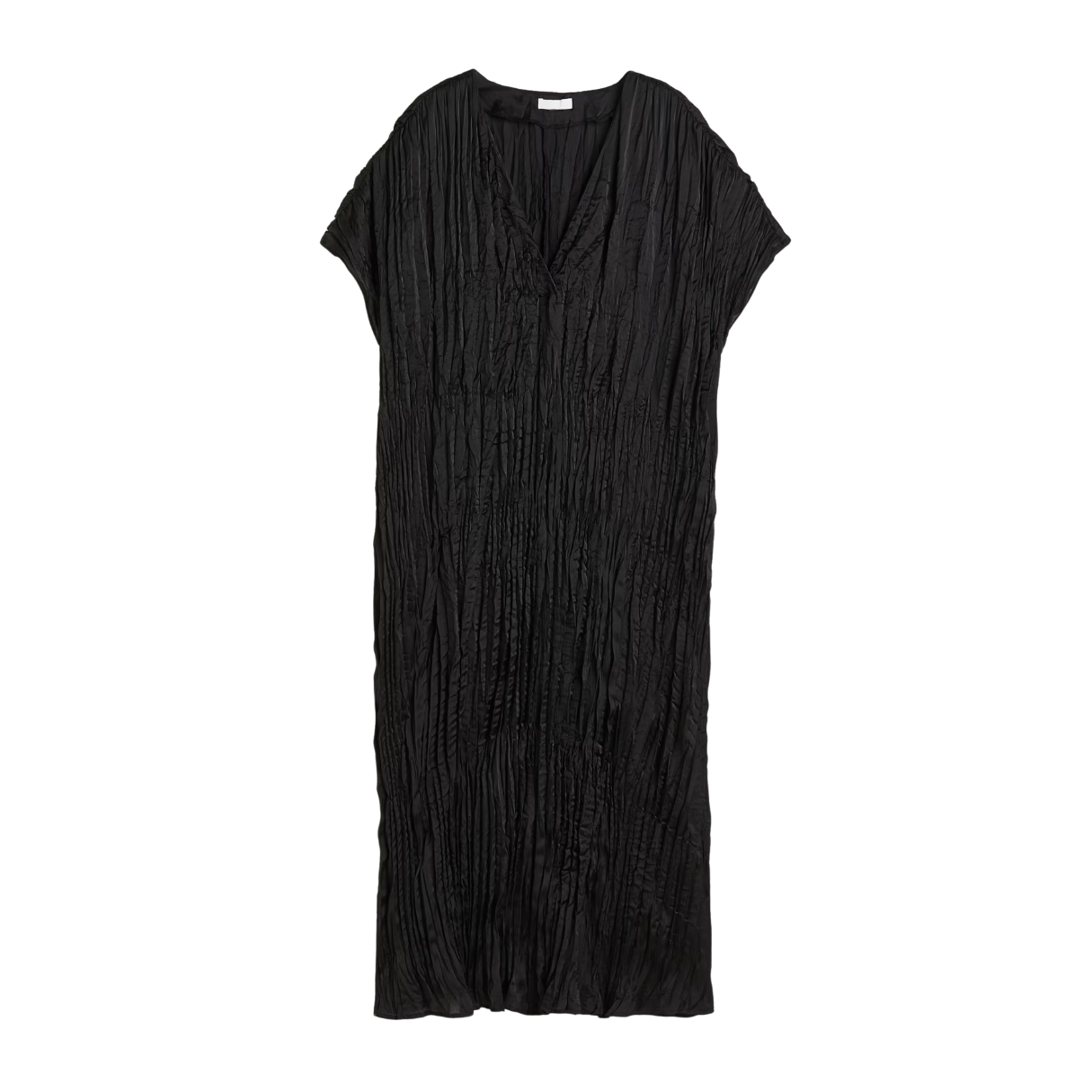 Vestido comprido preto com textura enrugada e decote em V