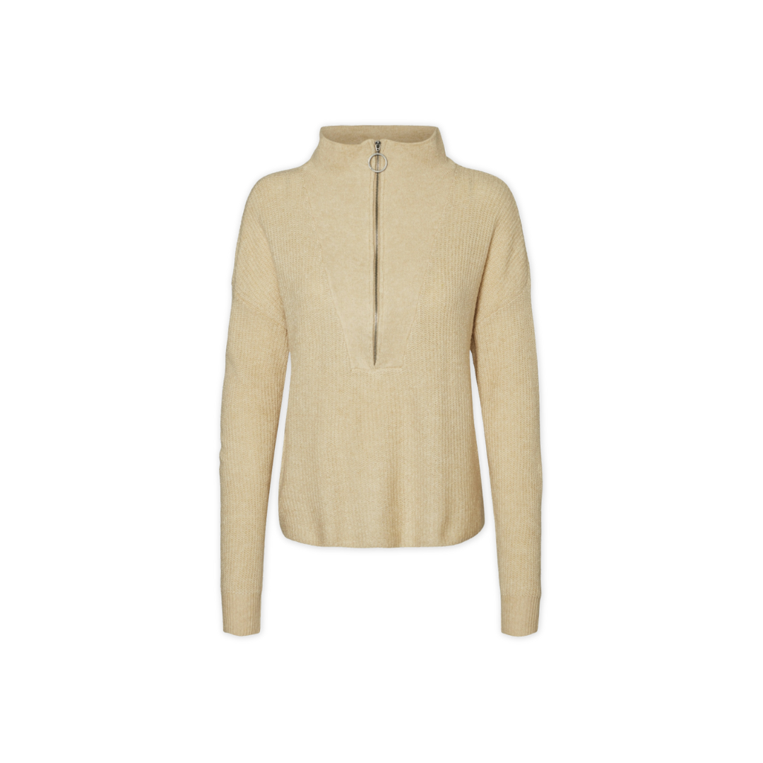 Camisola feminina bege com gola alta e fecho de correr frontal