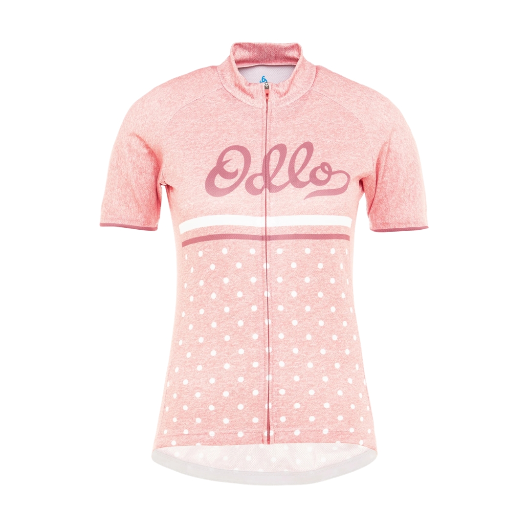 Camisola de ciclismo cor-de-rosa com fecho de correr e padrão de bolinhas brancas