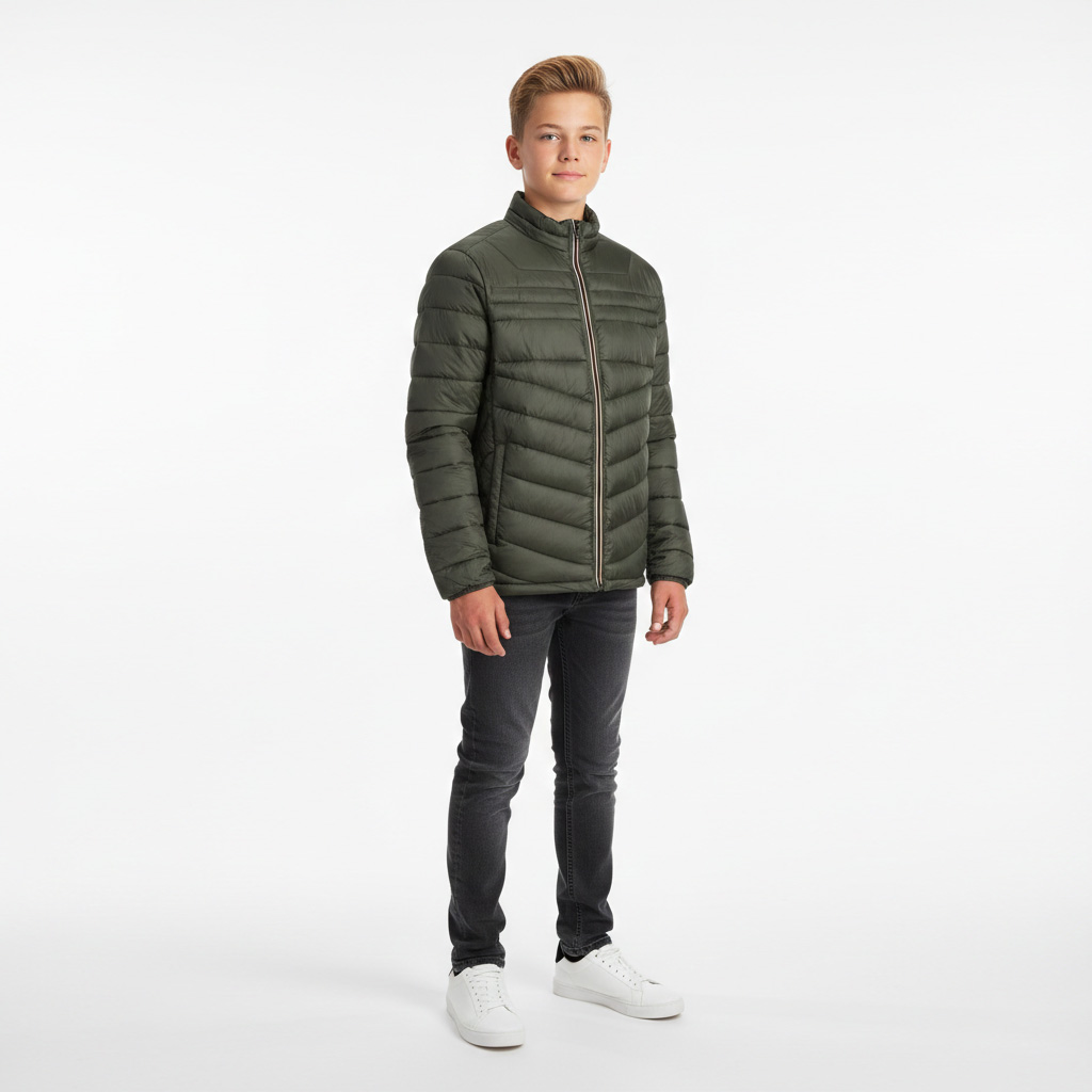 Rapaz com casaco acolchoado verde-escuro, calças pretas e sapatos brancos