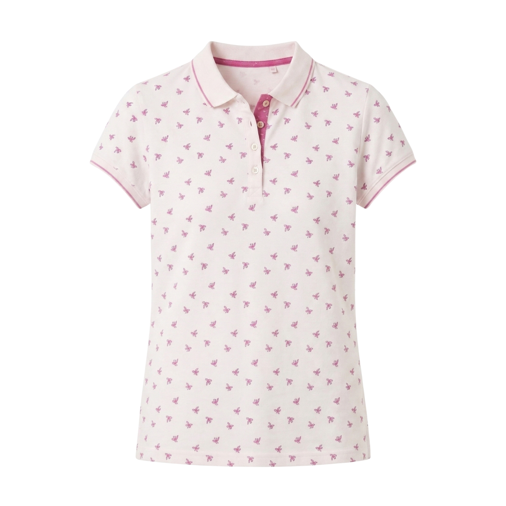 Polo branco com padrão de flores rosas e gola rosa