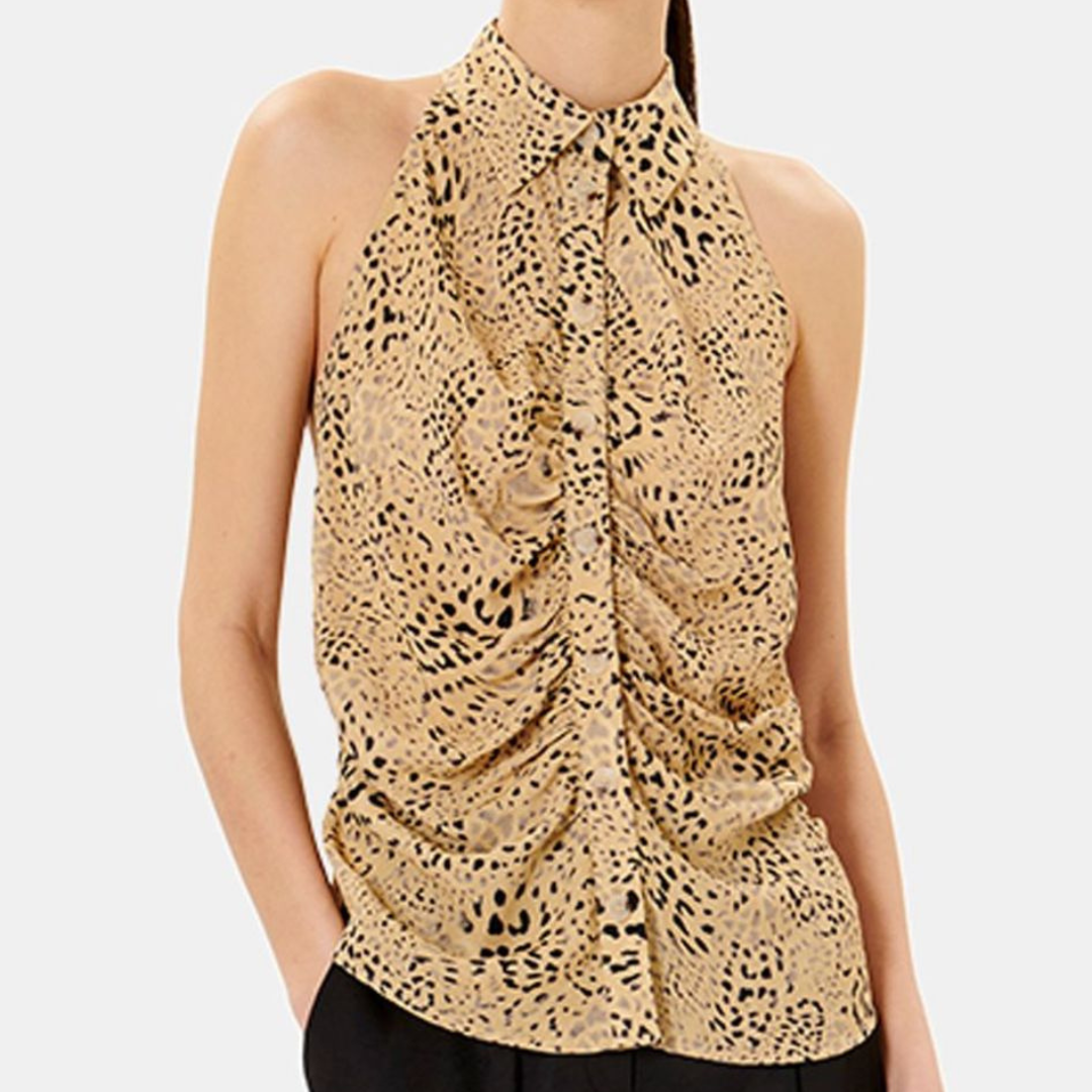 Top feminino sem mangas com padrão animal print bege e preto com gola clássica