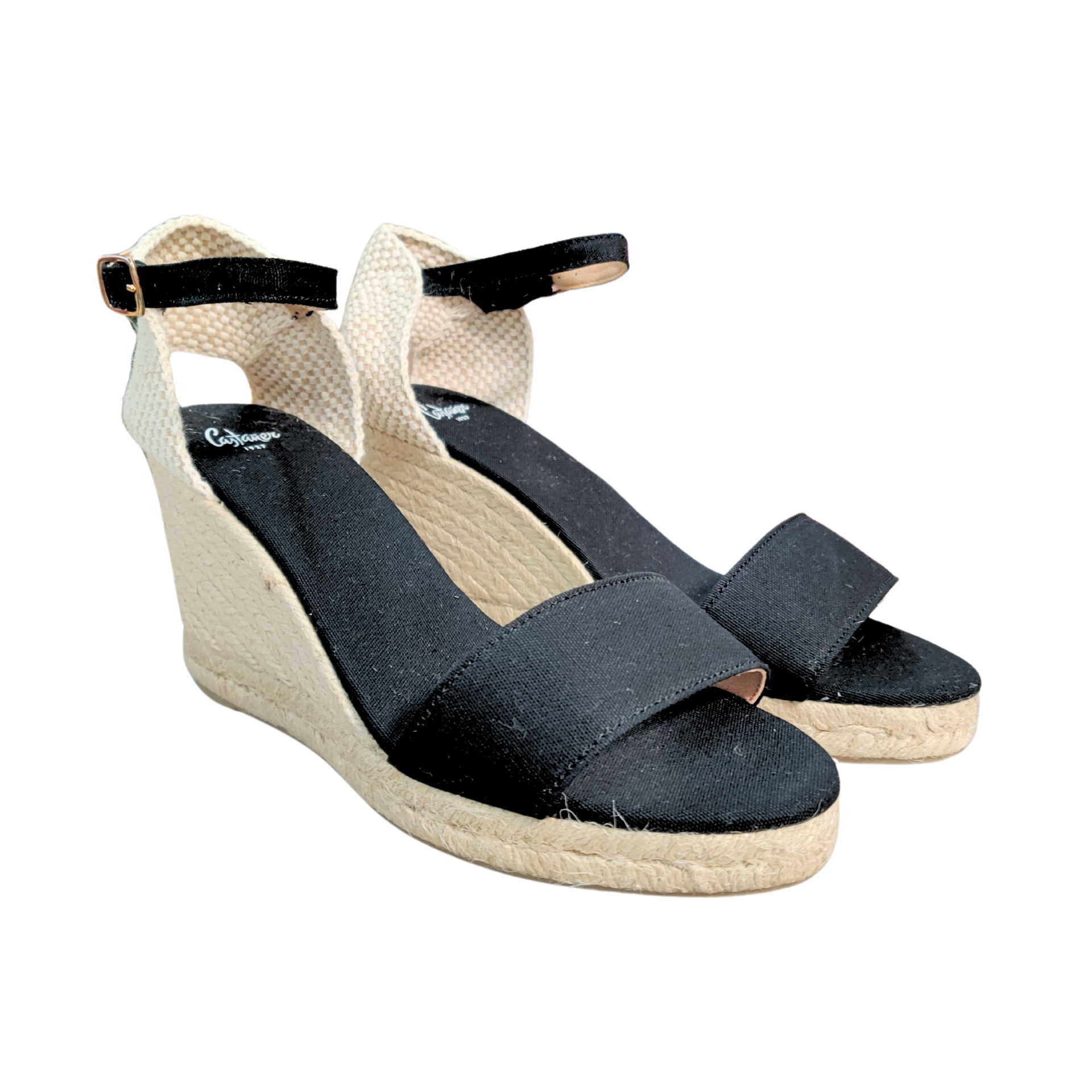 Sandálias de cunha pretas com sola de cortiça