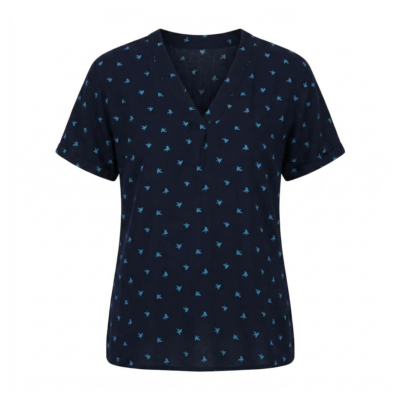 T-shirt feminina azul escuro com padrão de aves azuis