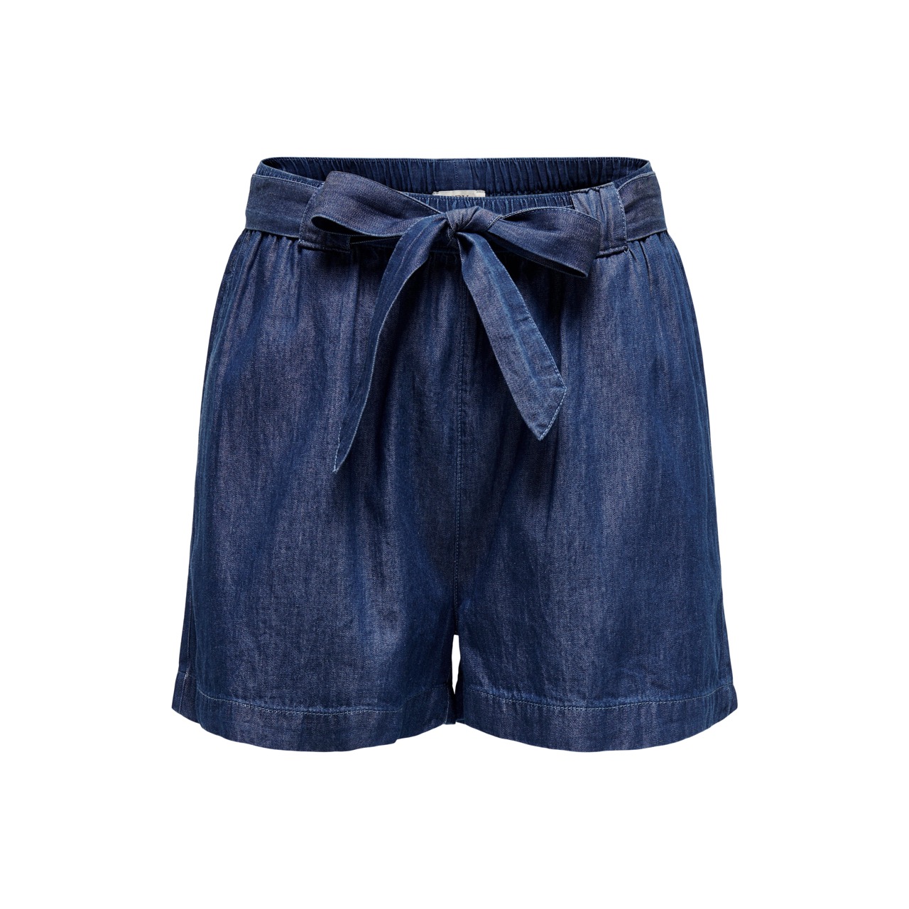 Calções femininos azuis com cinto de laço em tecido semelhante a ganga