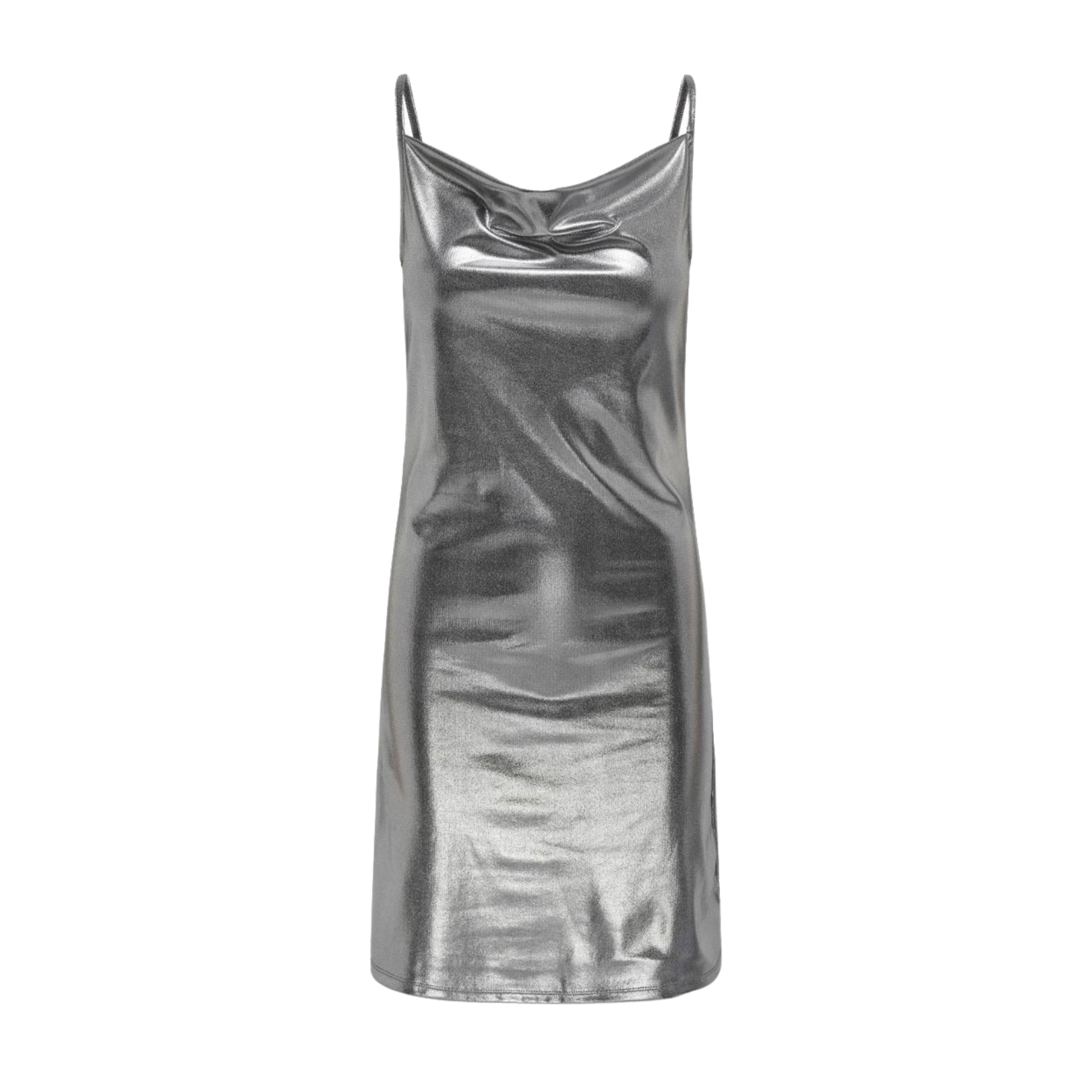 Vestido metálico prateado com alças finas em fundo branco