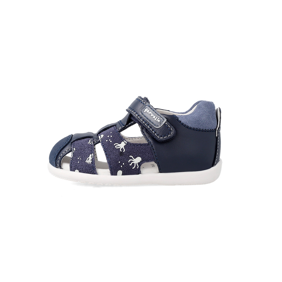 Sandália infantil azul com velcro e padrão branco