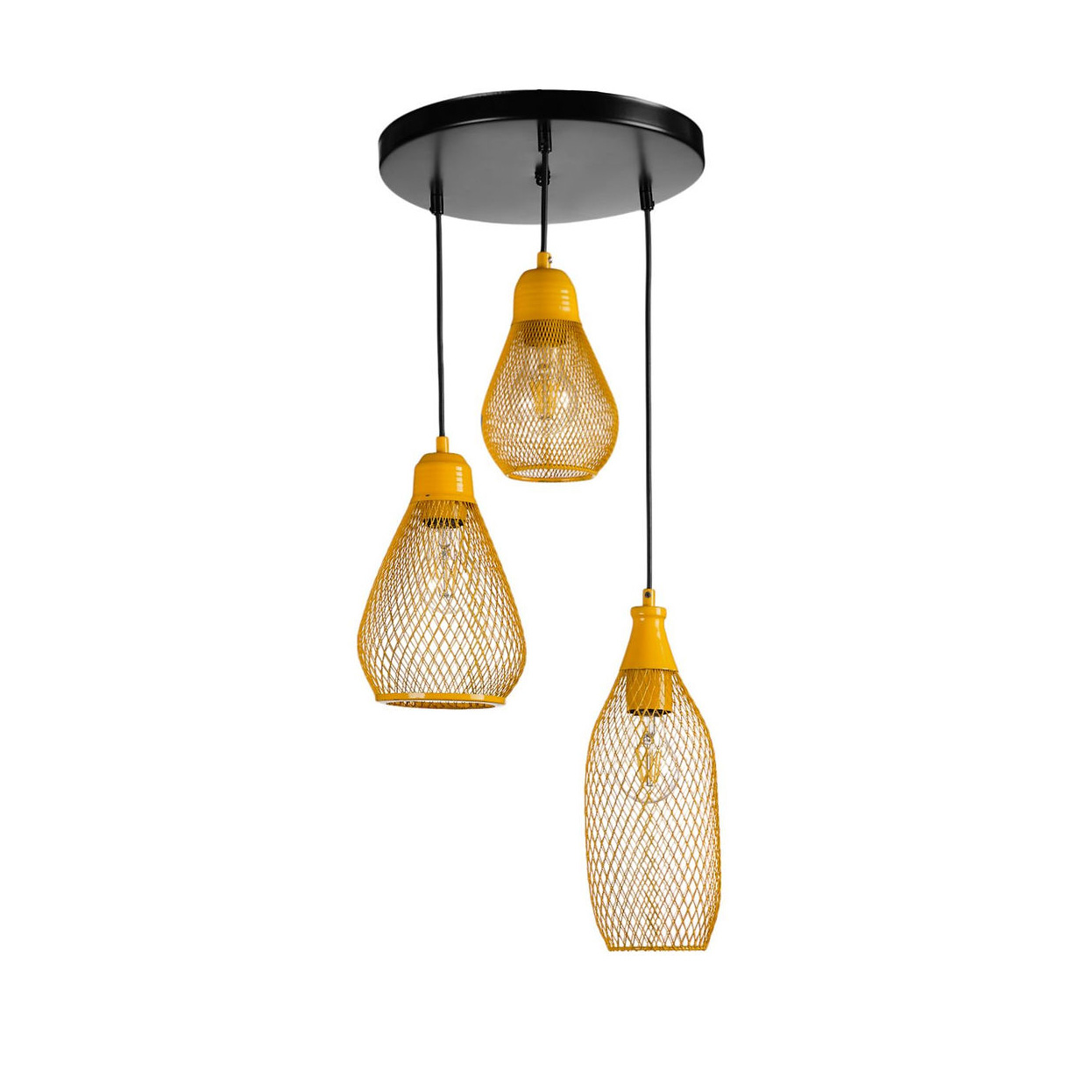 Candeeiro de tecto com três luminárias em rede amarela e base preta