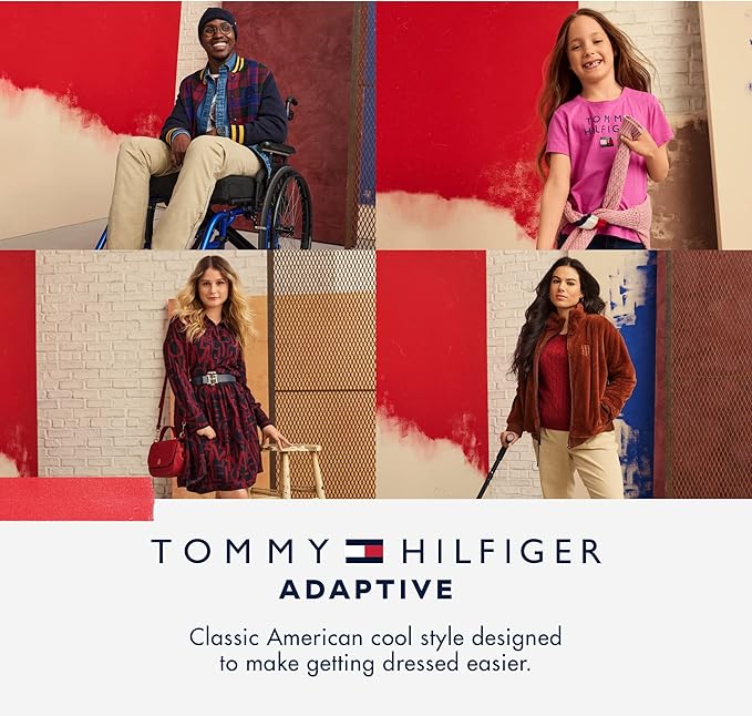 Modelos a usar roupa Tommy Hilfiger Adaptive contra fundo vermelho e branco com texto da marca