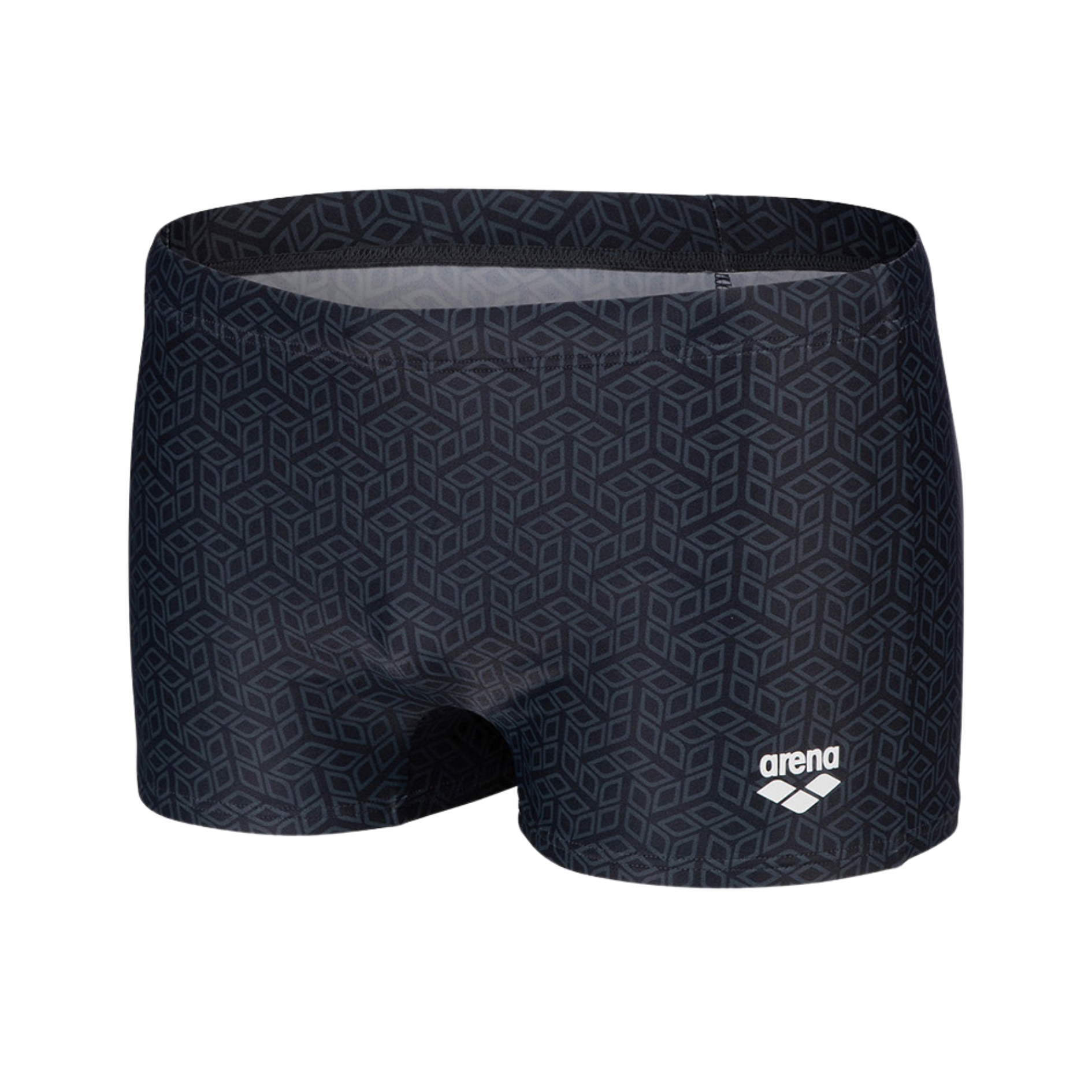 Calções de banho masculinos pretos com padrão geométrico e logótipo arena branco