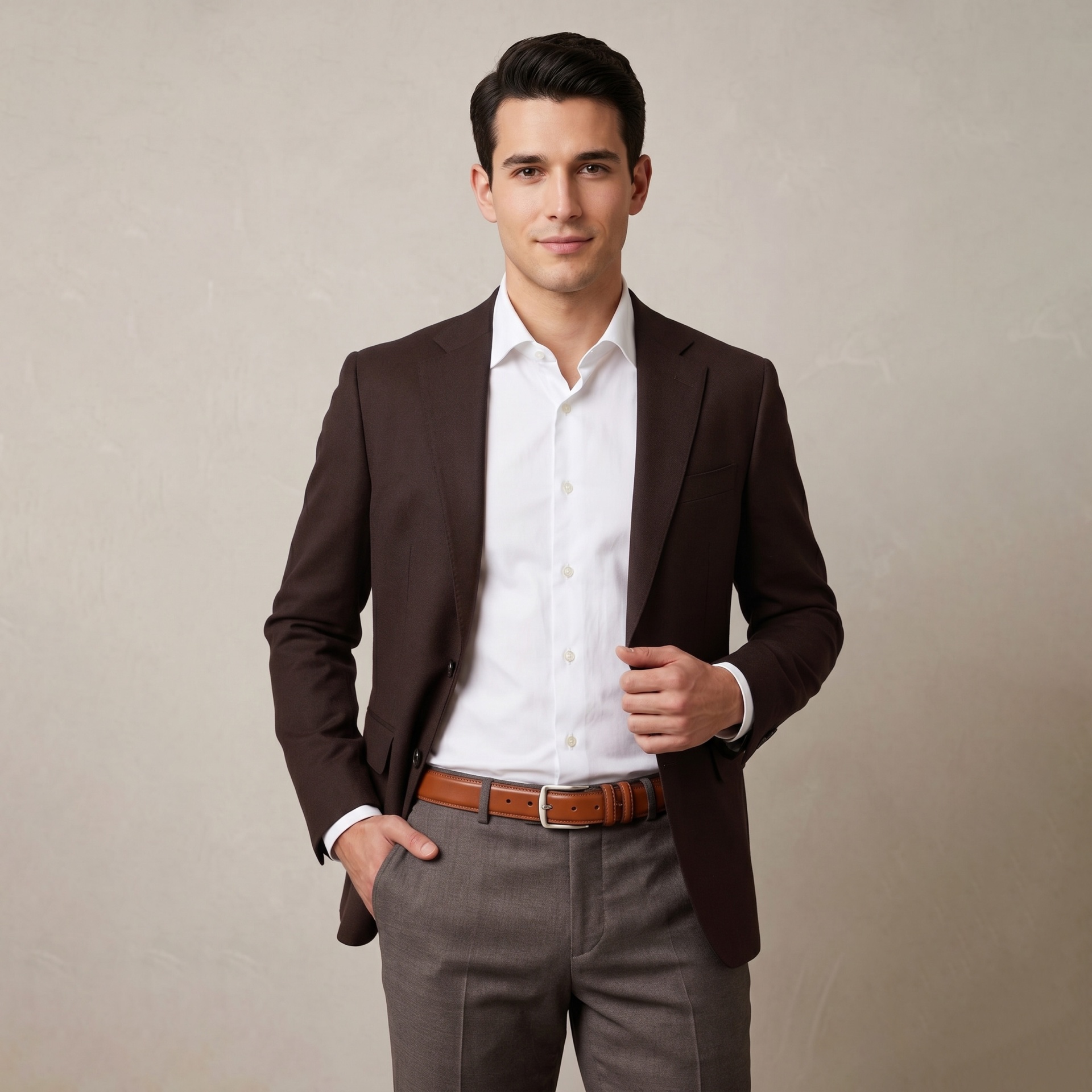 Homem de blazer castanho escuro, camisa branca e calças cinza com cinto castanho.