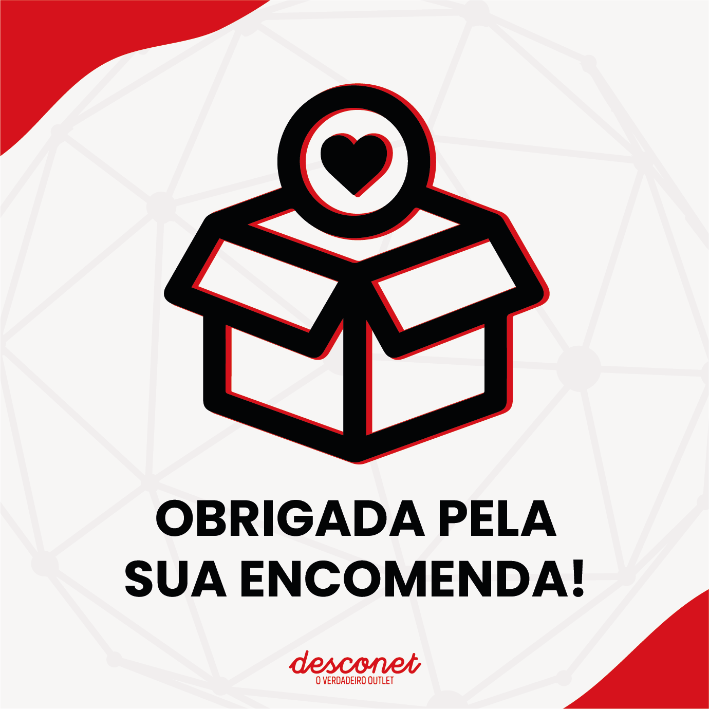 Desenho de caixa aberta com coração e texto de agradecimento de encomenda em português