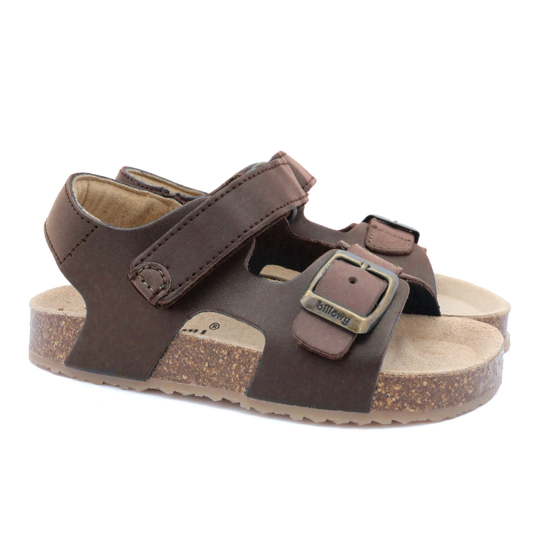 Sandálias infantis castanho escuro com sola de cortiça e tiras com velcro e fivela