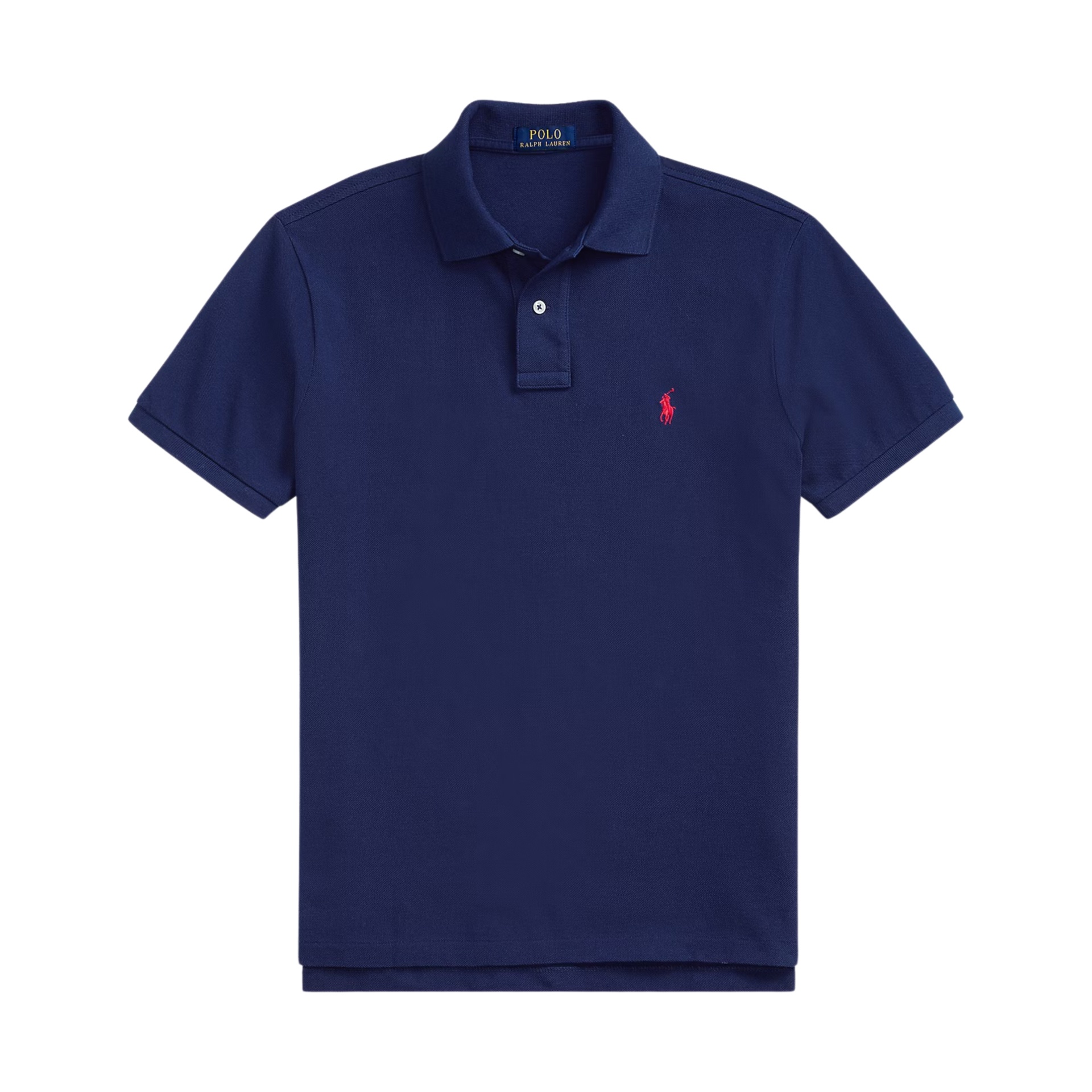 Polo azul escuro com logotipo rosa bordado e gola com botões