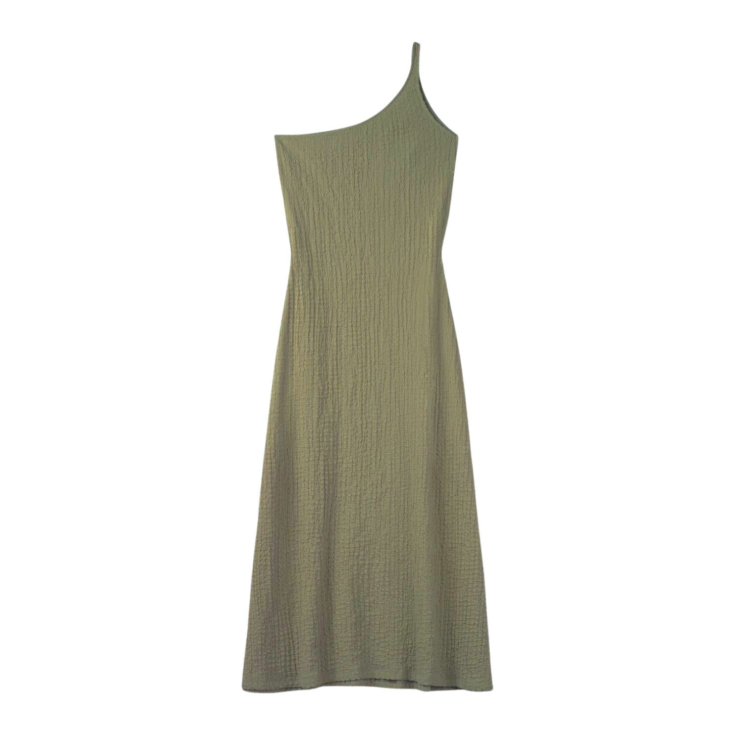 Vestido verde de um ombro só com textura enrugada