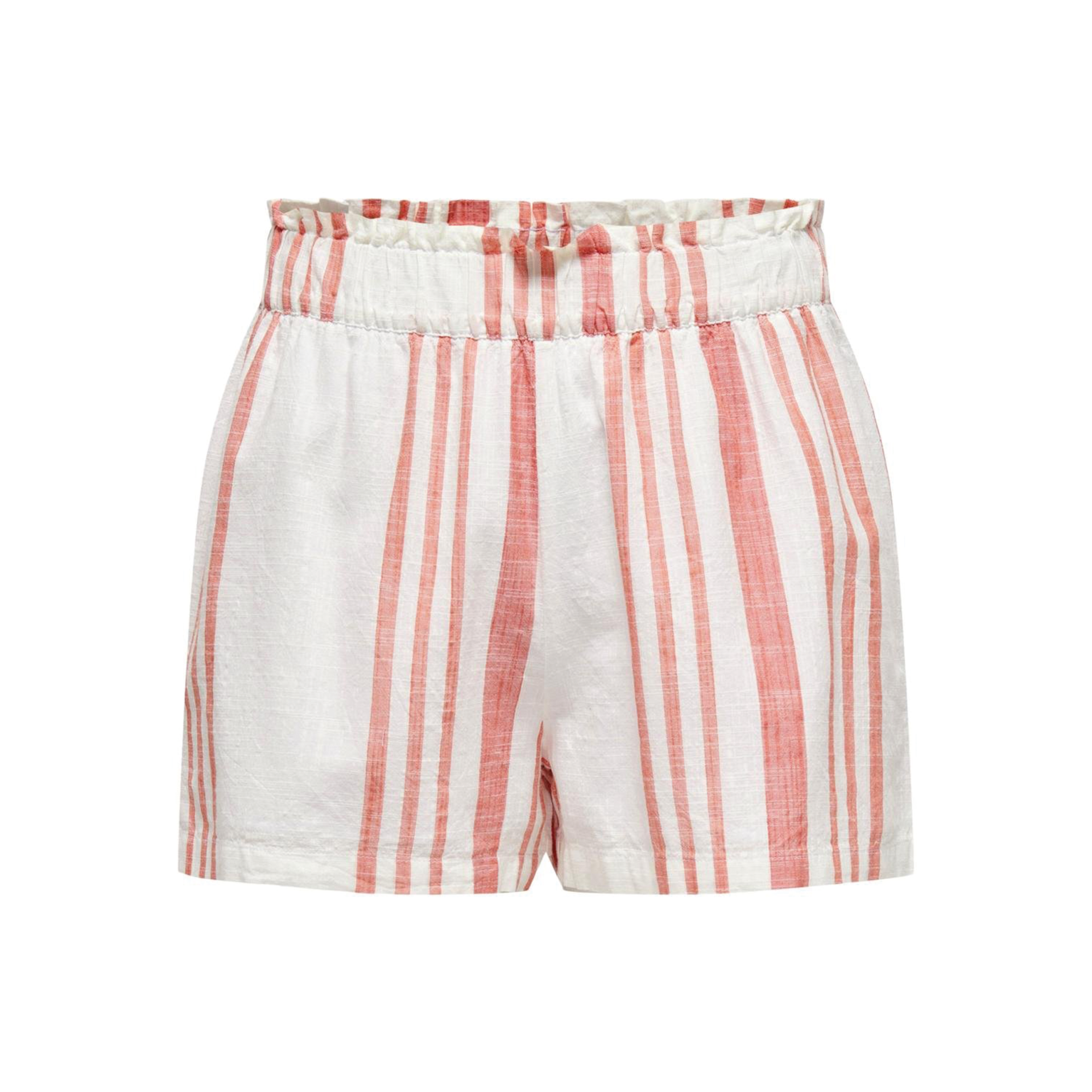 Calções infantis brancos com riscas vermelhas verticais e cintura elástica franzida