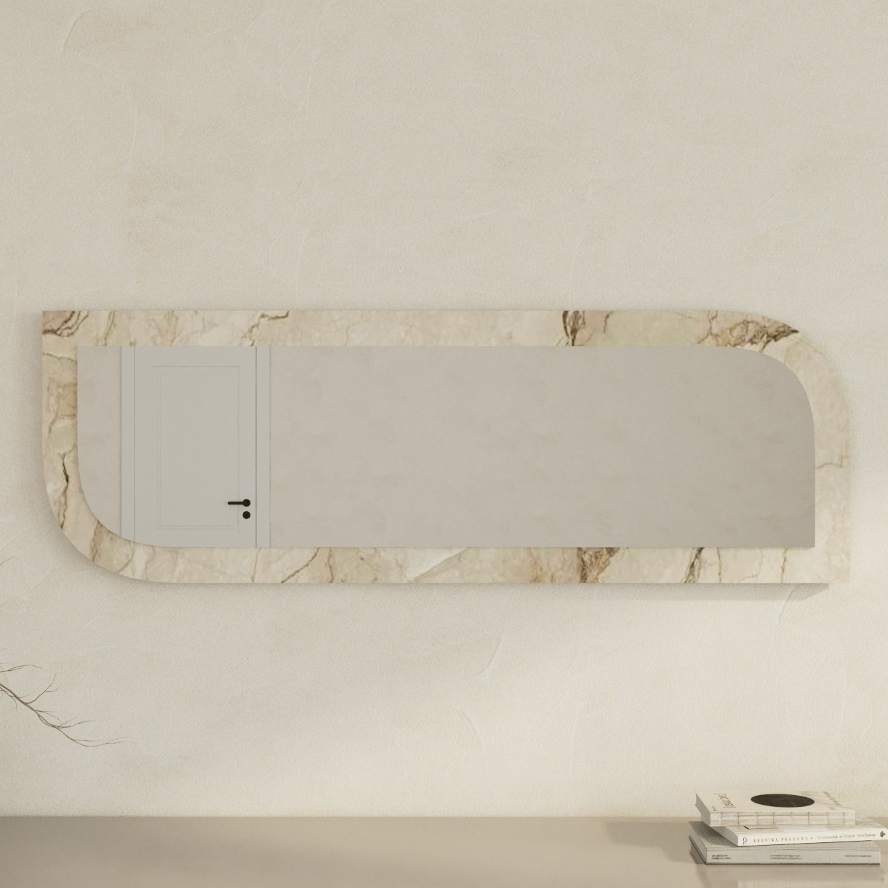 Espelho retangular com moldura de mármore bege e parede bege ao fundo