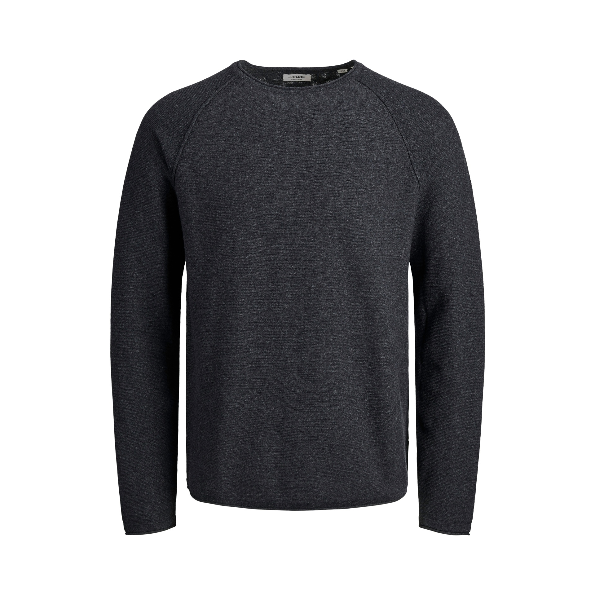 Camisola de manga comprida cinza escuro com gola redonda e etiqueta JJ REBEL