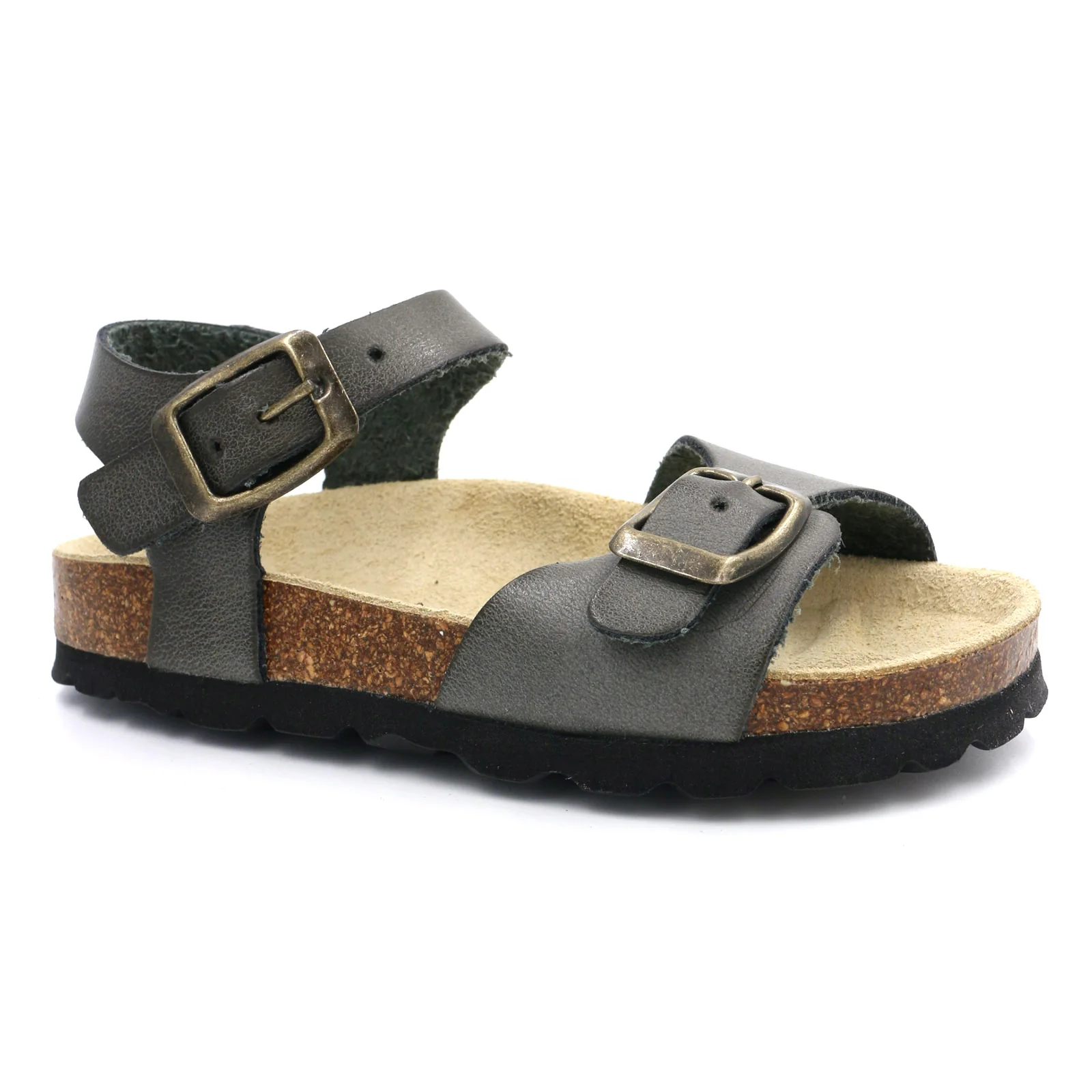 Sandália infantil cinzenta com fivelas e sola preta antiderrapante