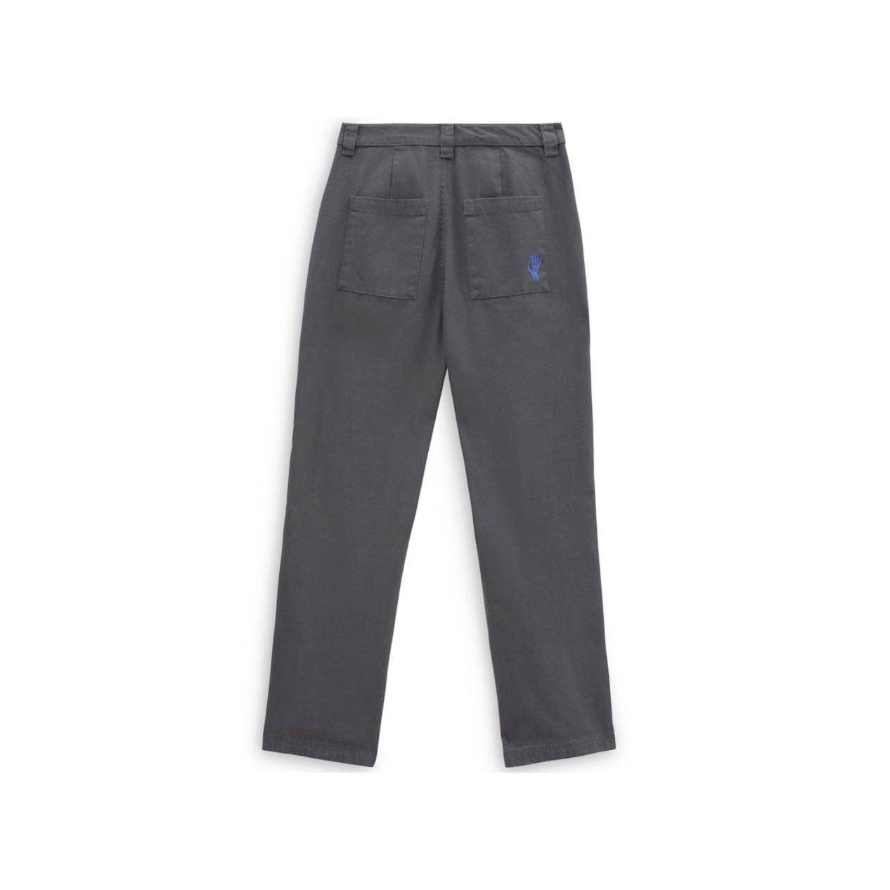 Calças cinza escuras com bolsos traseiros e logótipo azul