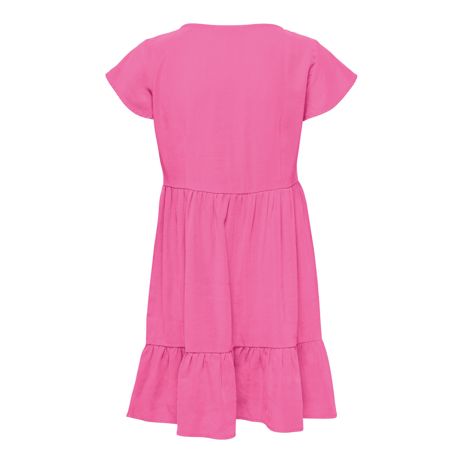 Vestido rosa de manga curta com saia rodada em fundo branco