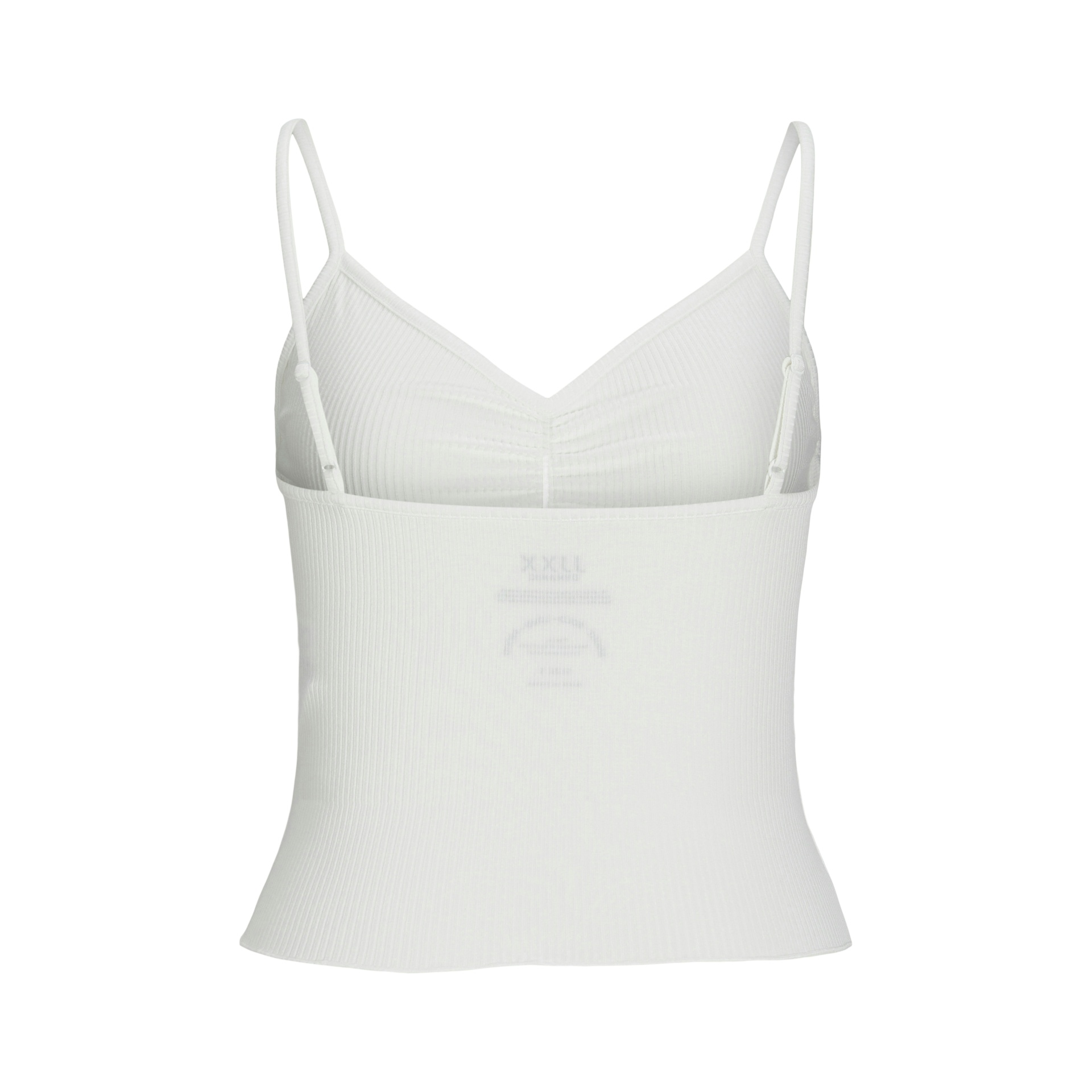 Top feminino branco de tecido canelado com alças finas ajustáveis e decote em V