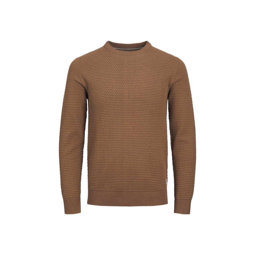 Camisola castanha de manga comprida com padrão em relevo e gola redonda