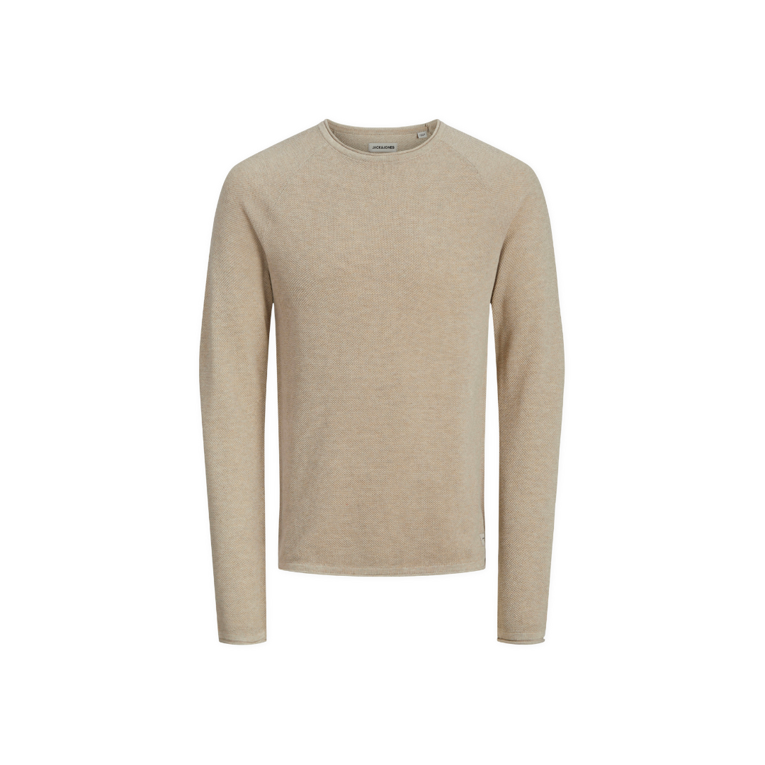 Camisola bege de malha com gola redonda e mangas compridas