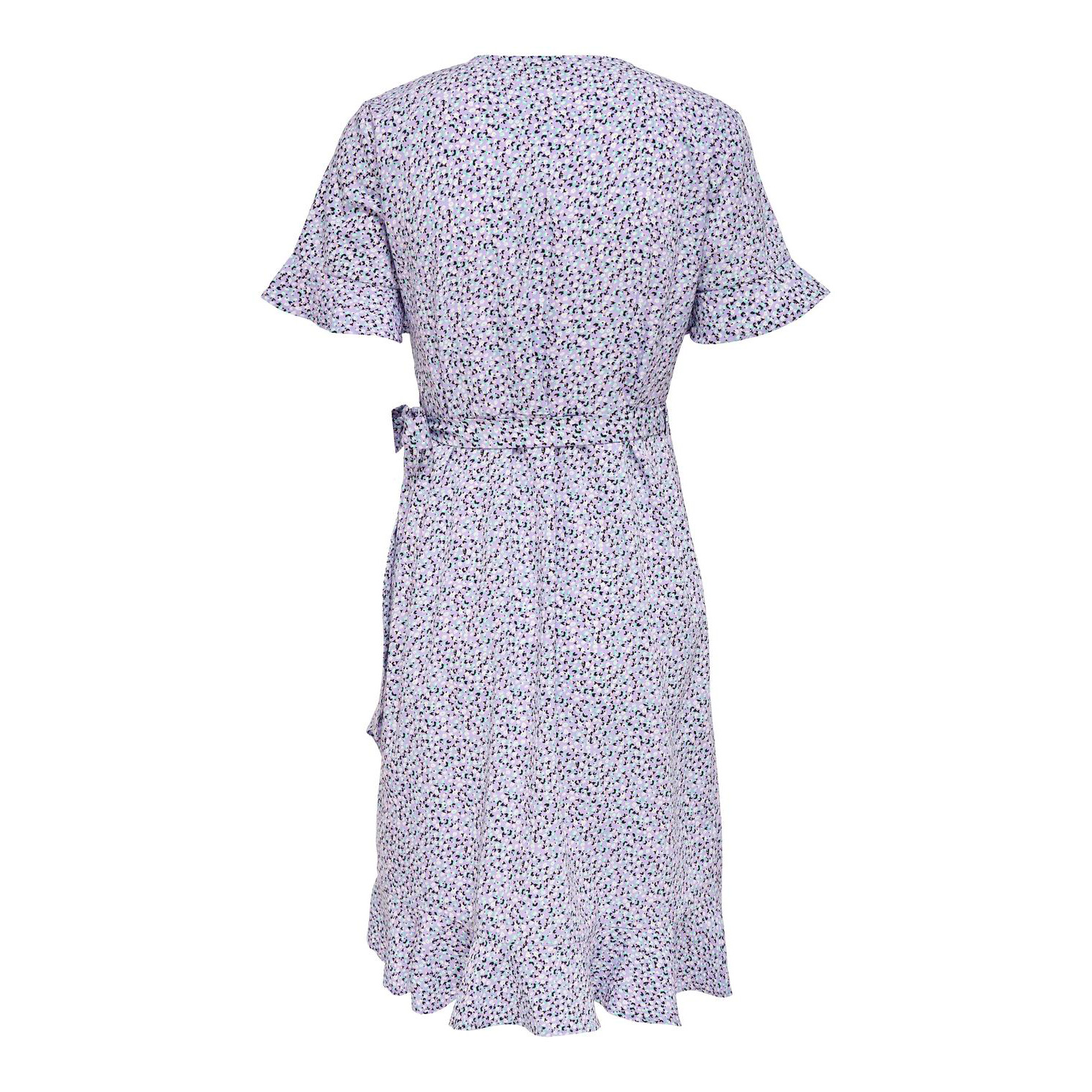 Vestido feminino lilás com padrão floral e cinto ajustável