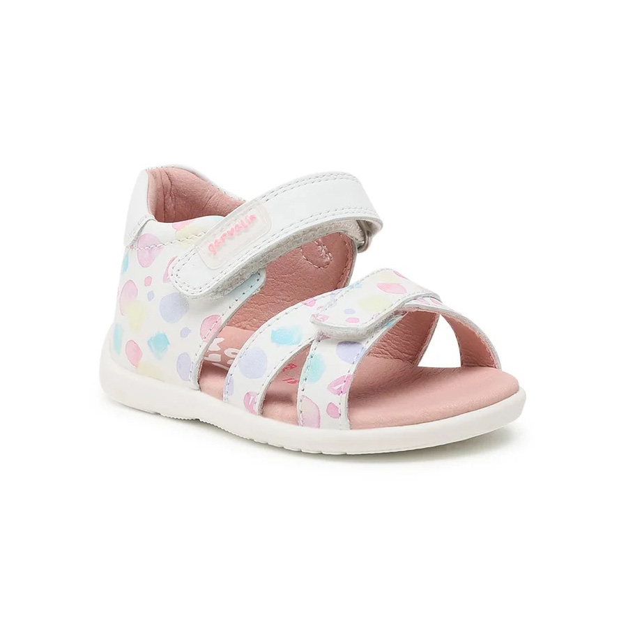 Sandália infantil branca com bolinhas coloridas e tiras de velcro cor-de-rosa.