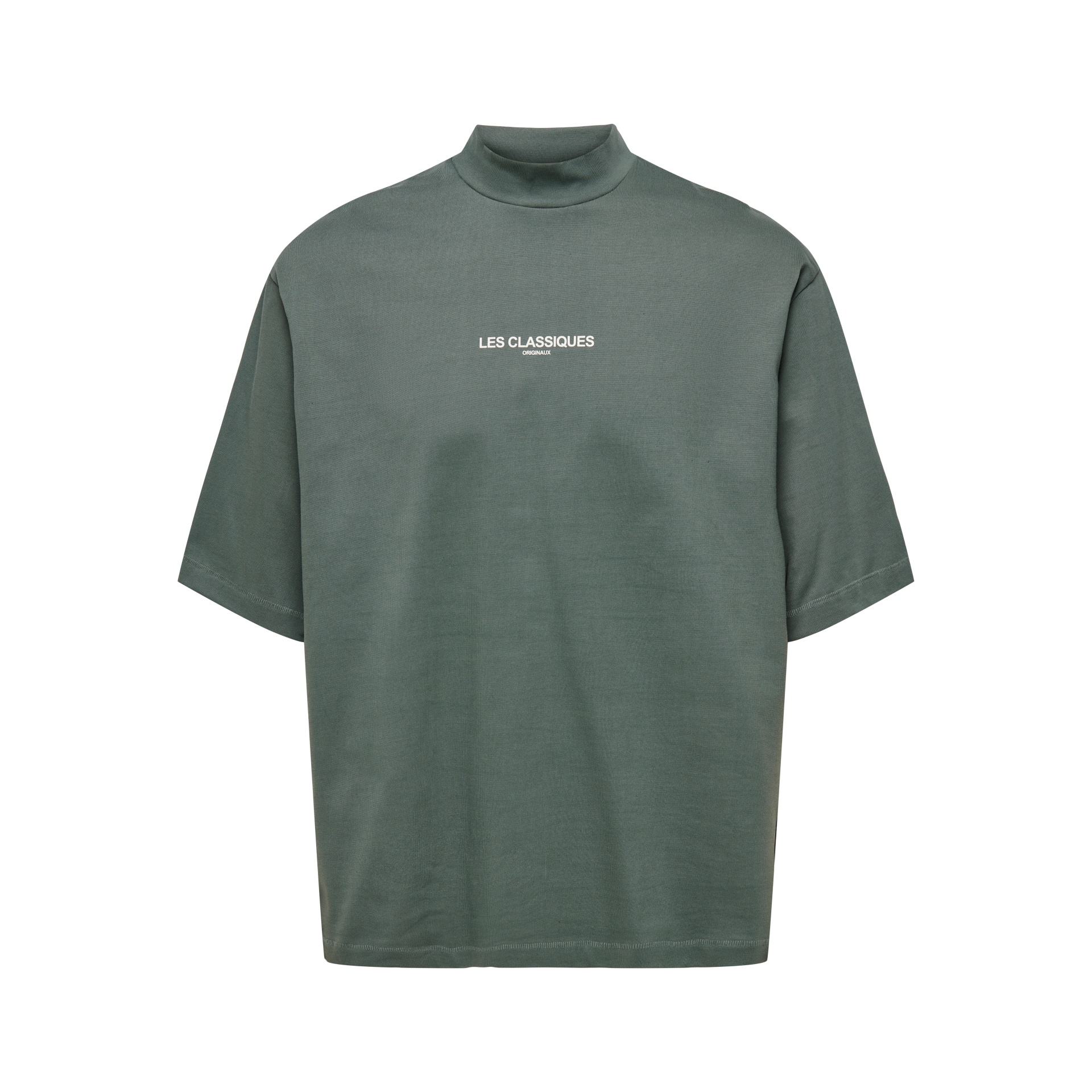 T-shirt verde militar de manga curta com gola alta e texto branco no peito