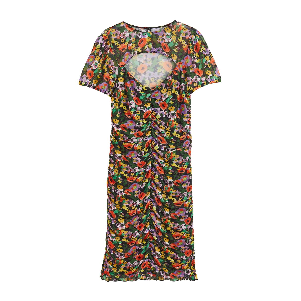 Vestido floral franzido com manga curta e recorte nas costas