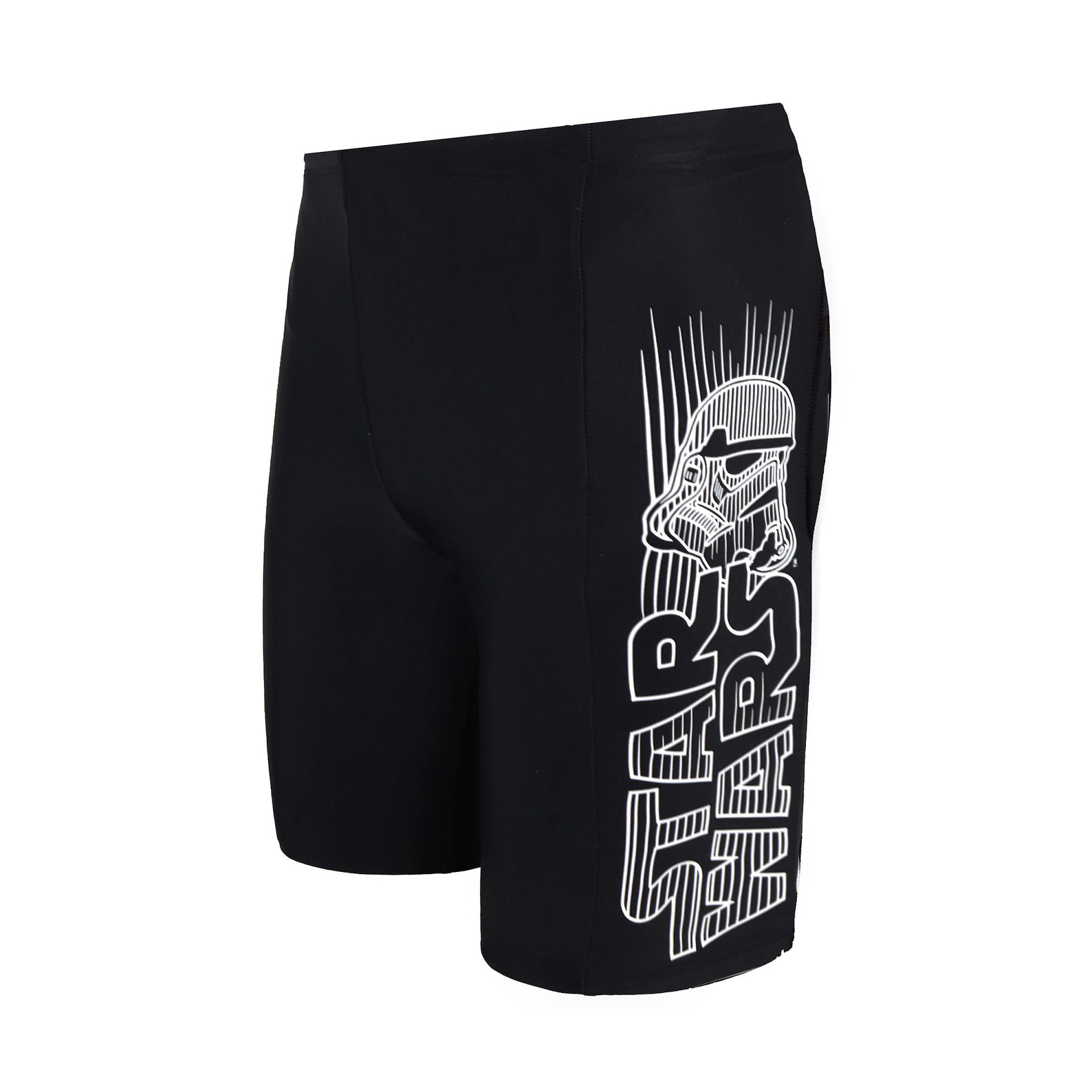 Calções de banho pretos com estampado branco de capacete Stormtrooper e texto STAR WARS