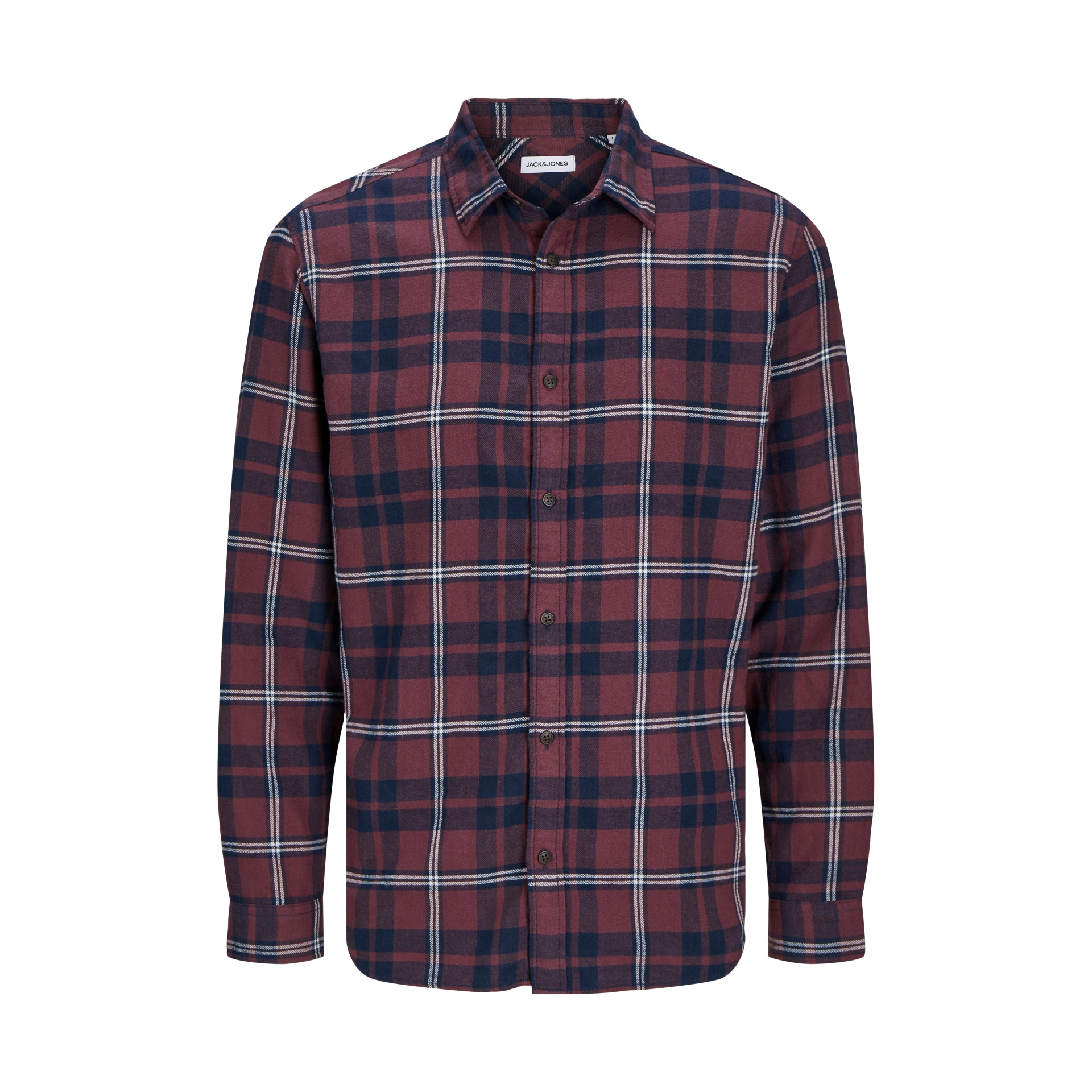 Camisa de manga comprida xadrez vinho e azul escuro com botões