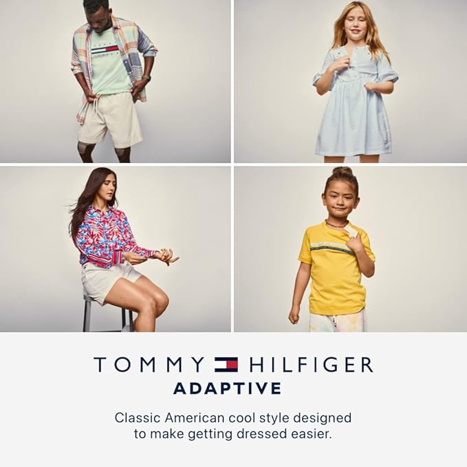 quatro modelos com roupas casuais Tommy Hilfiger Adaptive em fundo claro